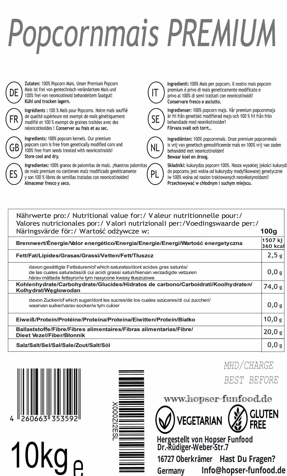 Premium prażona kukurydza 10 kg worek XXL 1:46 pop objętość pieczarka Mushroom
