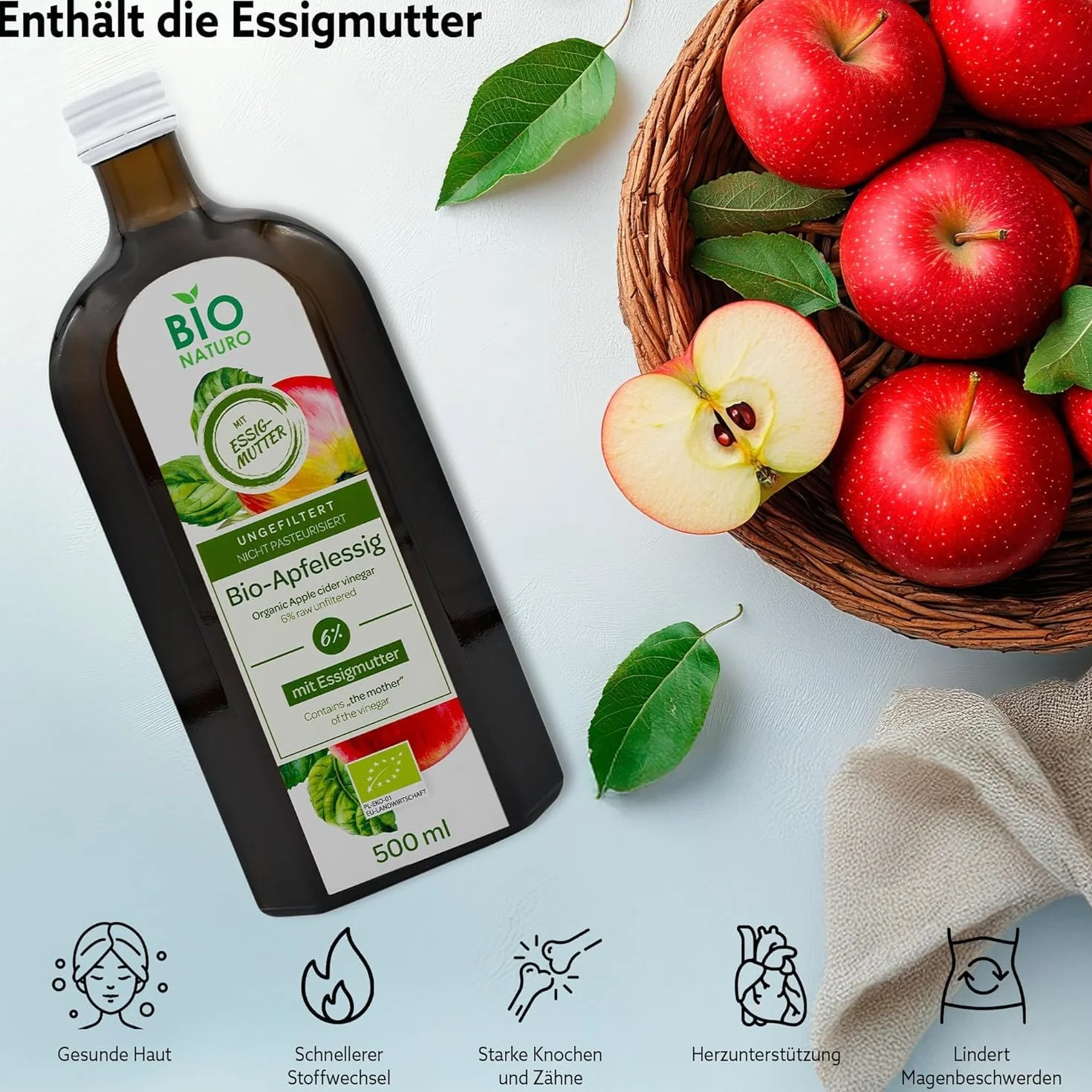BIONATURO 2x Organiczny ocet jabłkowy 6% 500ml - Ocet z ekologicznych Jabłek - Naturalnie mętny - Niefiltrowany, bogaty w składniki odżywcze - do gotowania, diety i zdrowia - Ocet wegański