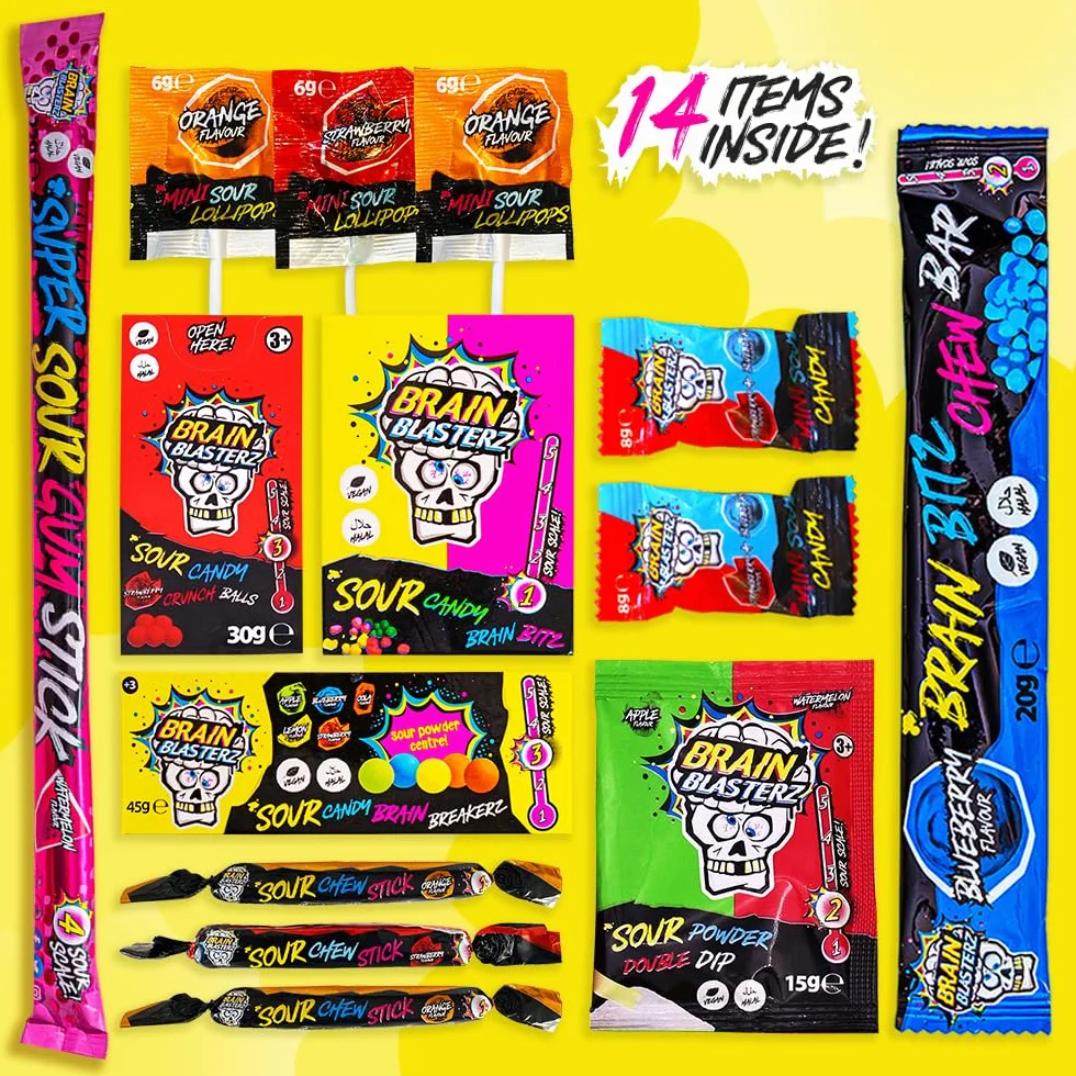 Pudełko na słodycze Brain Blasterz | Twarde Sour Candy, Brain Breakerz, Brain Bitz, Batony do Żucia i Więcej Kwaśnych Cukierków | Jabłko, Truskawka, Arbuz, Cola i Więcej | Prezent urodzinowy Prezent