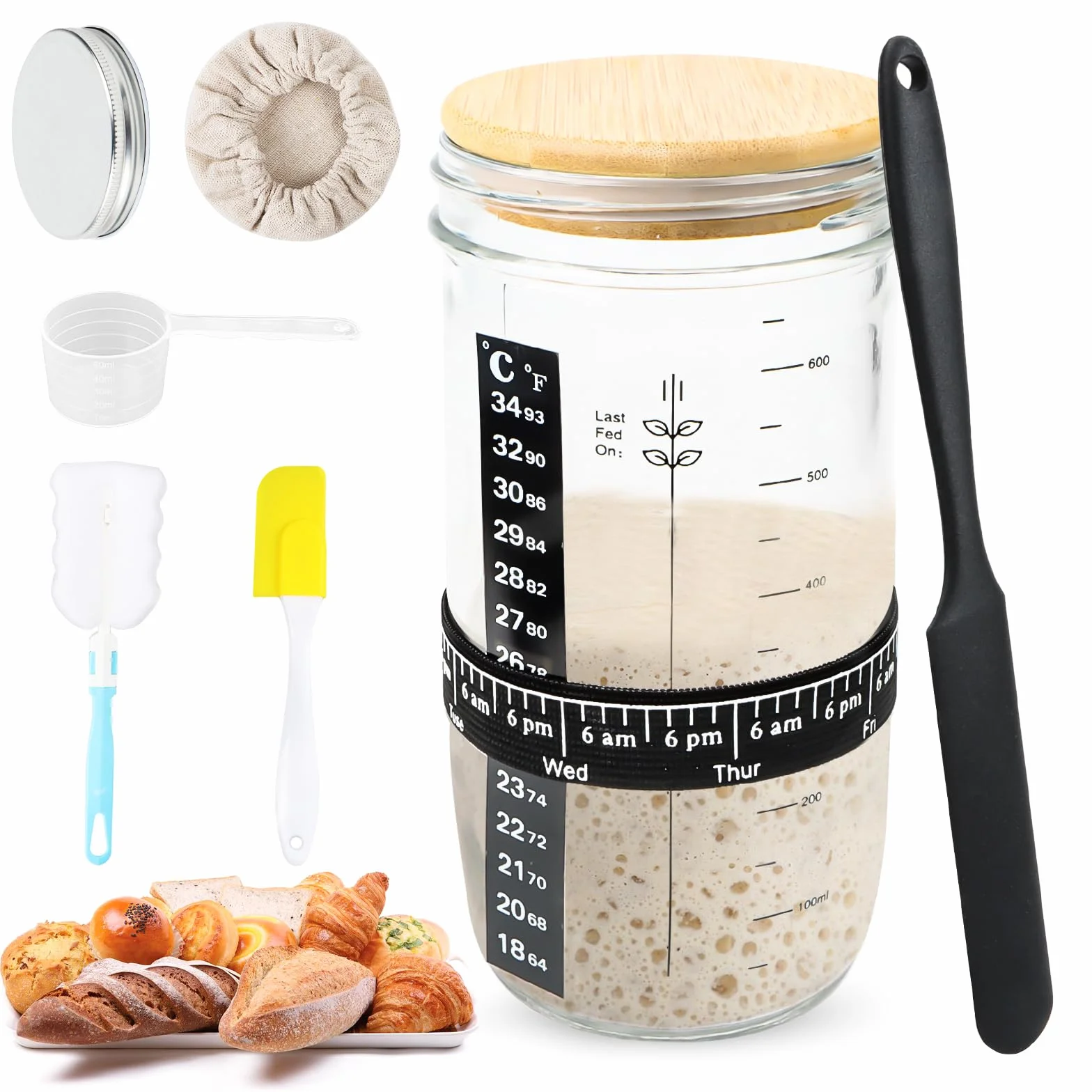 Jognee Zestaw startowy do zakwasu, 900 ml, słoik do fermentacji Sourdough z drewnianą pokrywką, szkło na zakwas, fermentacja, zestaw startowy Sourdough, szklany pojemnik, szkło fermentujące, akcesoria