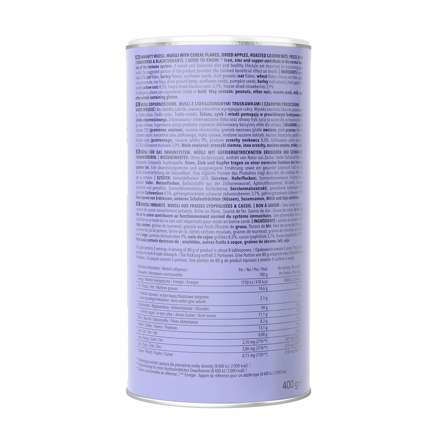 OneDayMore Musli Odpornościowe | 400 g | Z liofilizowanymi truskawkami i czarnymi porzeczkami | Wysoka zawartość błonnika | Wspiera odporność i układ trawienny