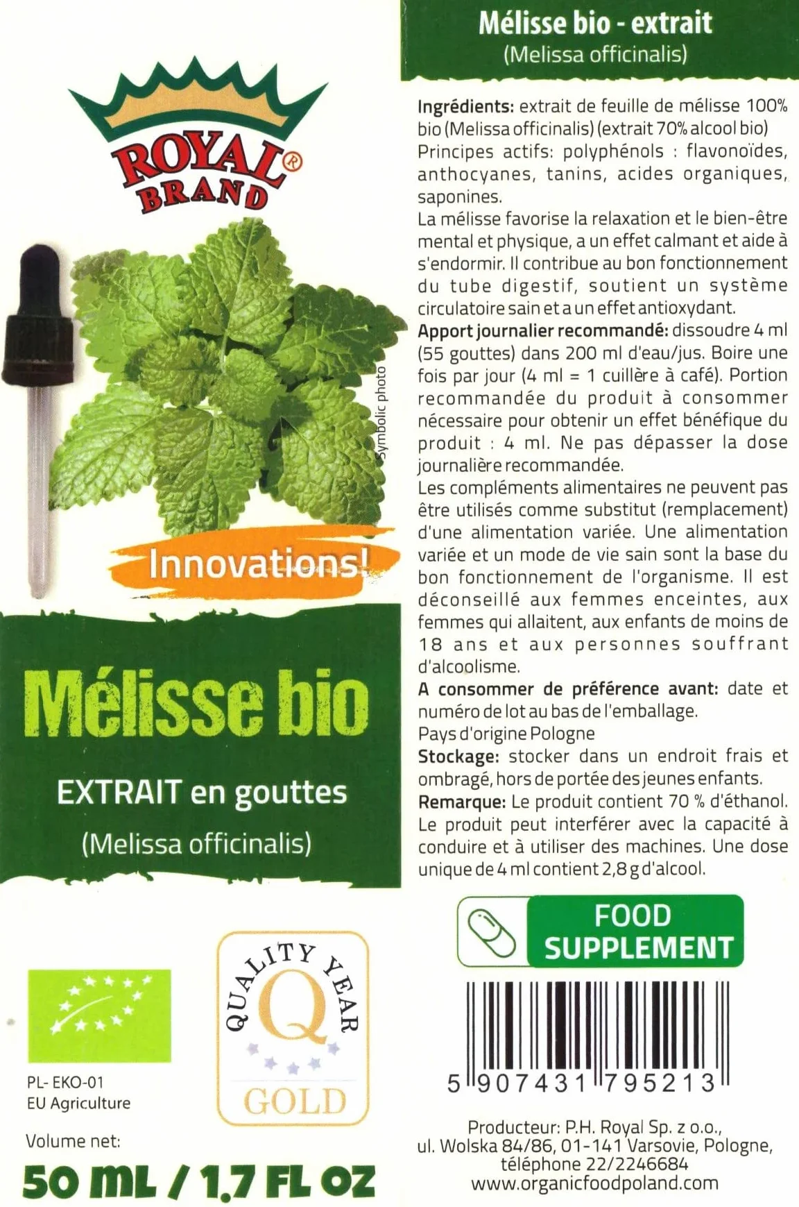 Melisa lub melisa (Melissa officinalis) liście/BIO/Organic/płynny ekstrakt krople 50 ml z pipetą