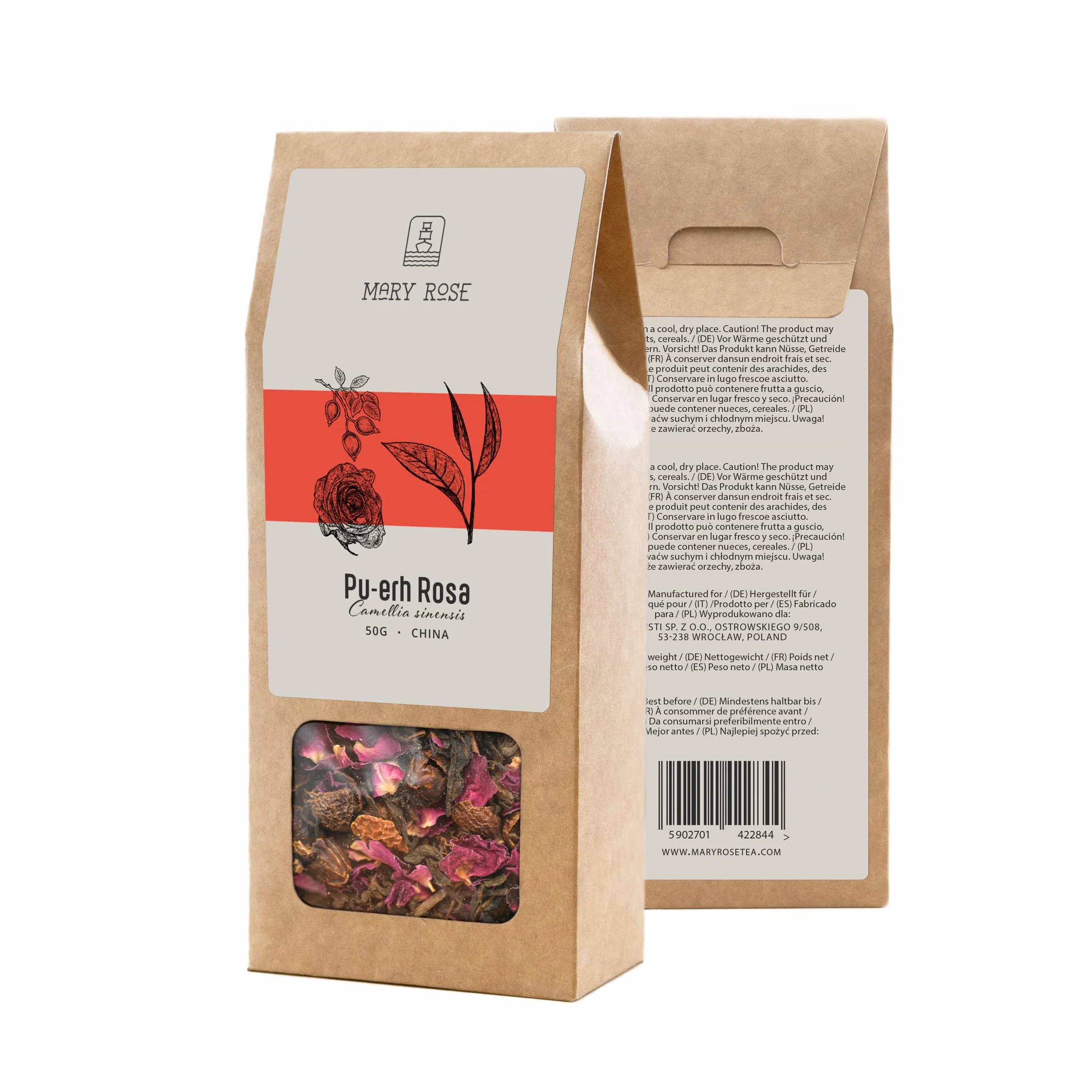 Mary Rose herbata Pu-erh Rosa | Czerwona herbata pu-erh | Bogata herbaciana kompozycja | Herbata z różą | Naturalne dodatki | Źródło teiny | Naturalne pobudzenie | 50g