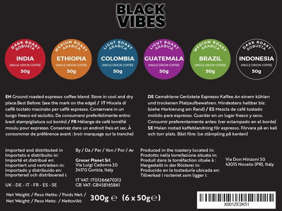 Black Vibes - WORLD'S COFFEES | Zestaw Prezentowy - Kawa Mielona 300g (6x50g) | 6 Najwyższej Jakości Kaw Jednorodnych | Pomysł na Prezent dla niego lub dla niej