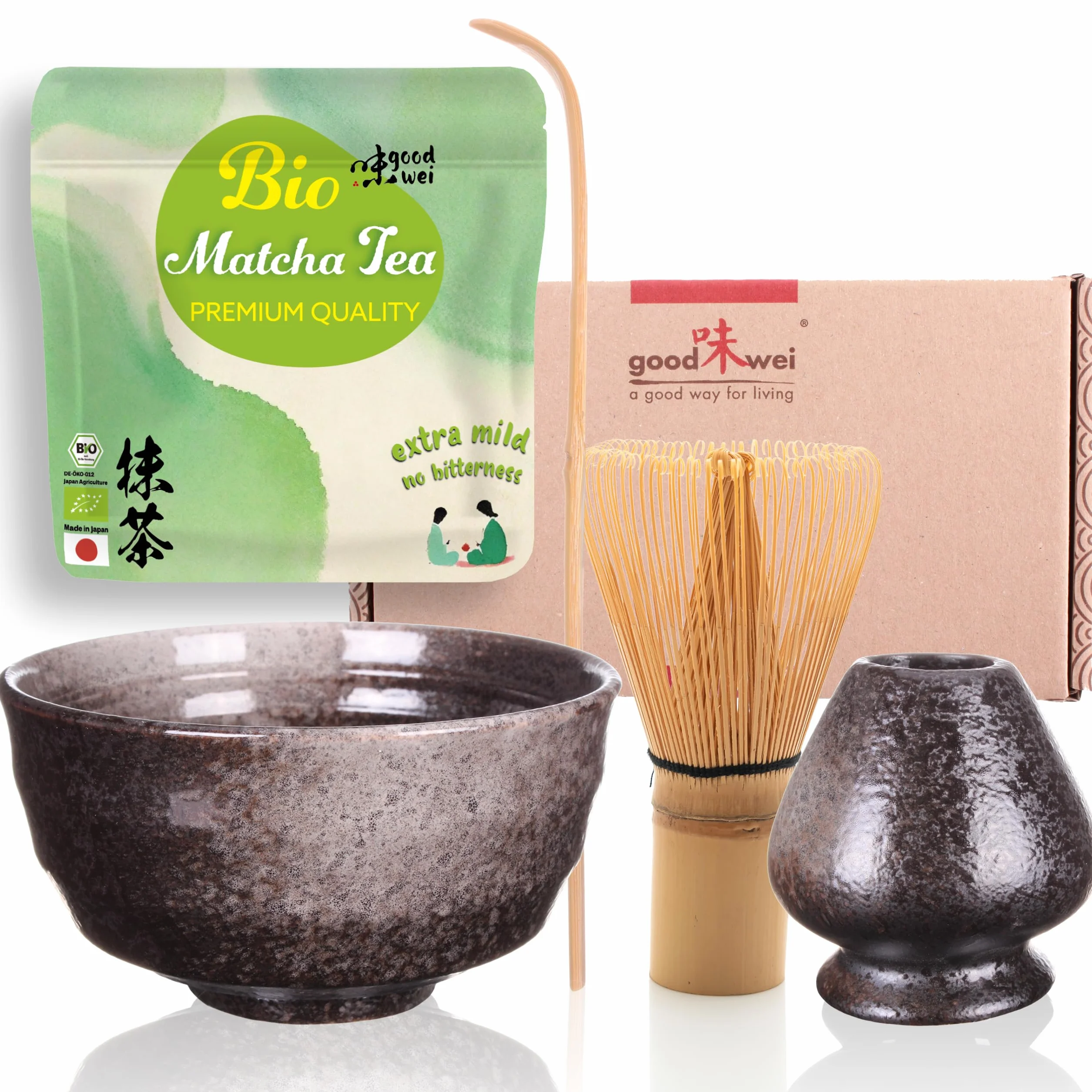 Goodwei BIO Matcha z Japonii Zestaw do Matchy z Ceramiczną Miotłą Matchą i Uchwytem
