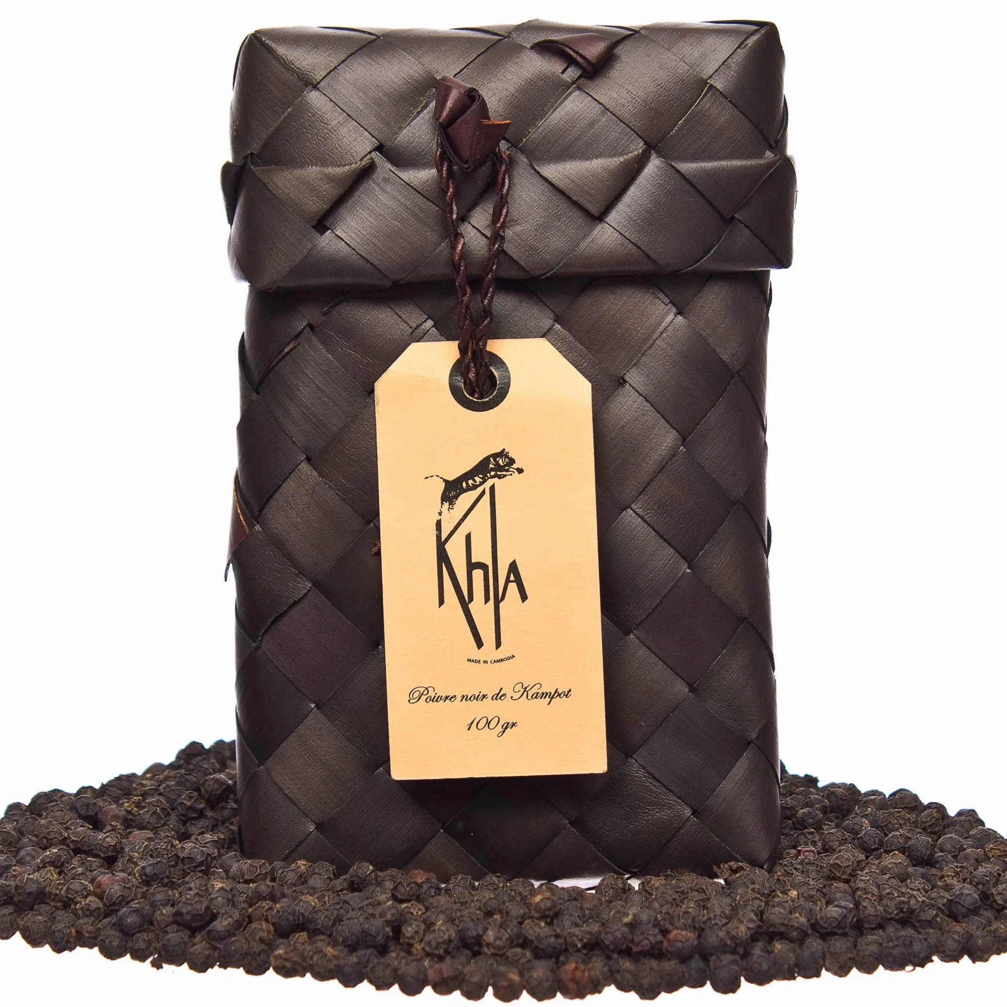 KHLA - Czarny pieprz Kampot Premium-GGA - 100 g - ziarna pieprzu w woreczku - tradycyjne opakowanie w liśćch palmowych