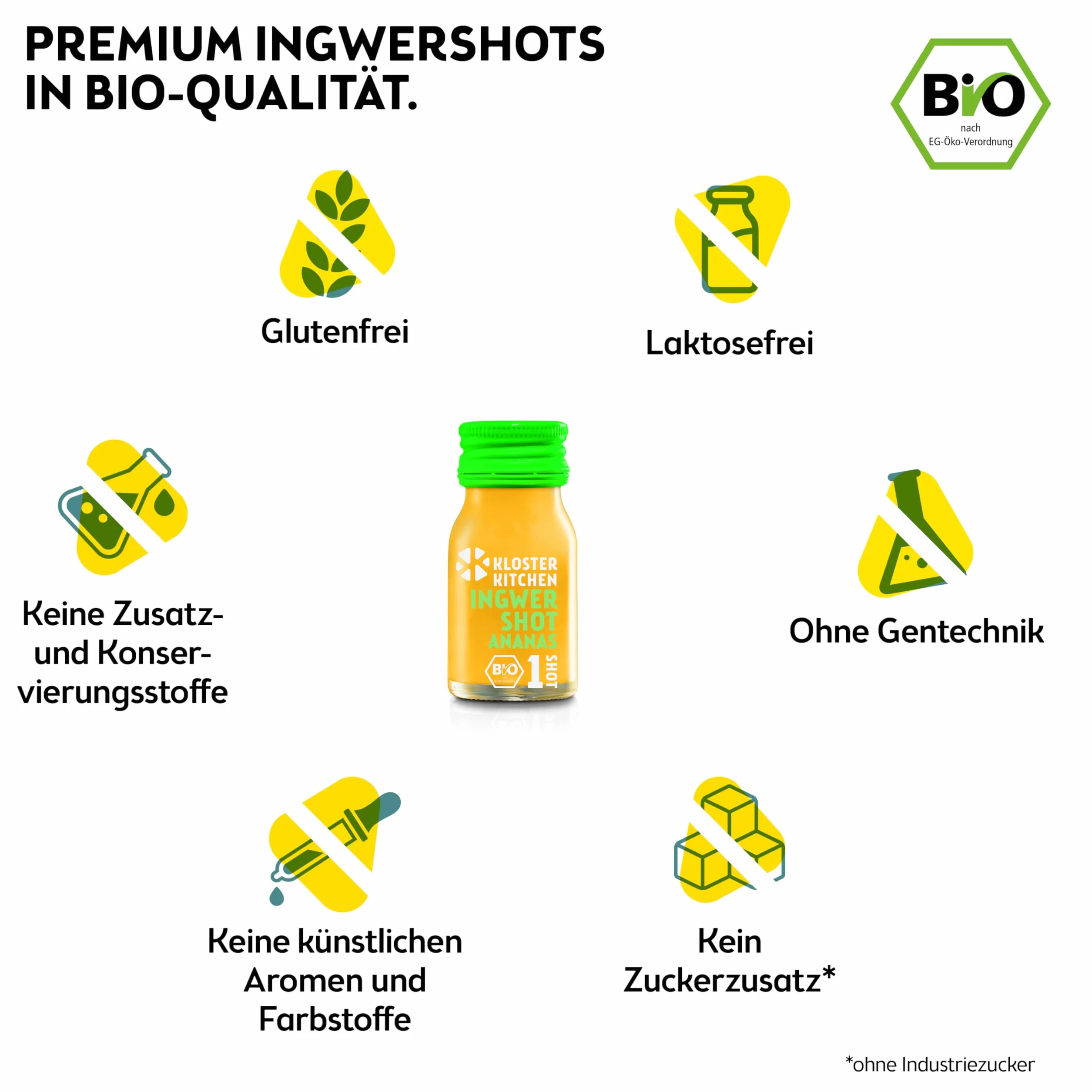 Kloster Kitchen Bio Imbir Shot Ananas 28 x 30 ml Wegański Shot w Szklanej Butelce To Go Słodko-Ostry