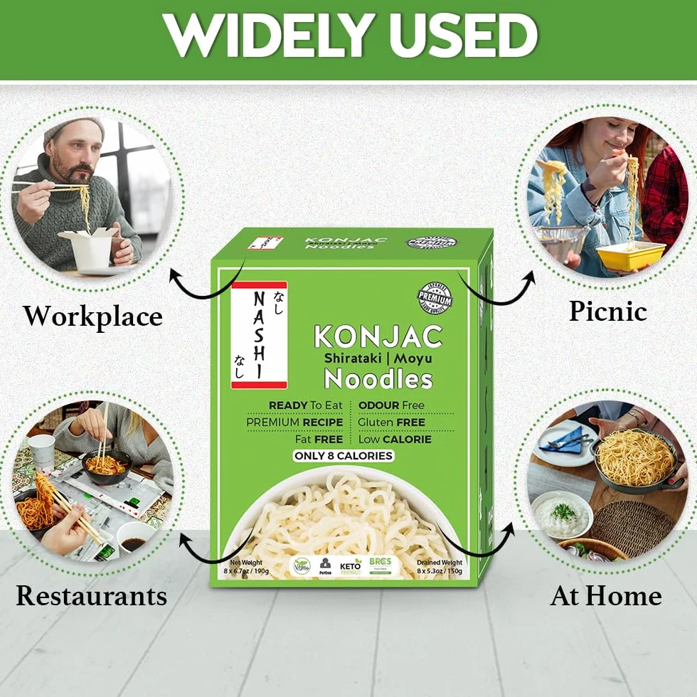 Nashi Konjac Shirataki Premium Noodles (8 × 190 g) - Bez zapachu, odpowiedni dla wegan, beztłuszczowy i niskokaloryczny, przyjazny dla glukomannanu keto, dieta niskowęglowodanowa, gotowa do spożycia