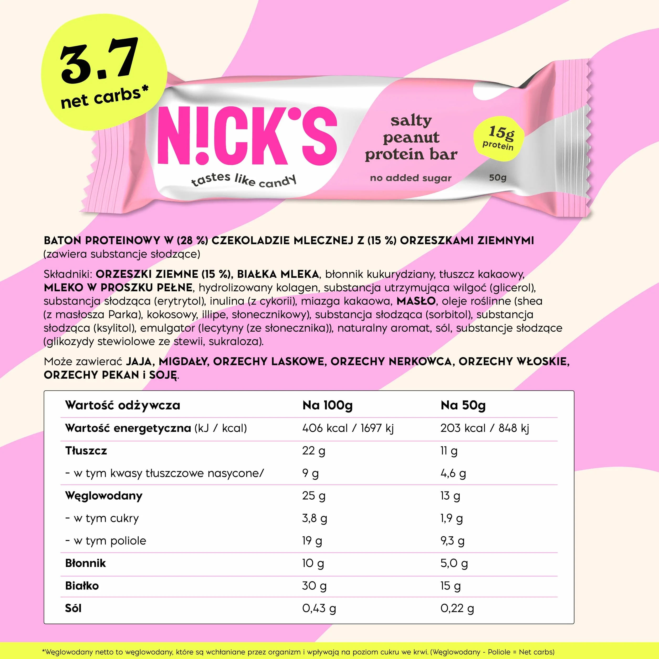 NICKS Keto Batony Proteinowe Karmel orzechowy, 15 g białka, mało kalorii, bez cukru i glutenu (12 x 50g)