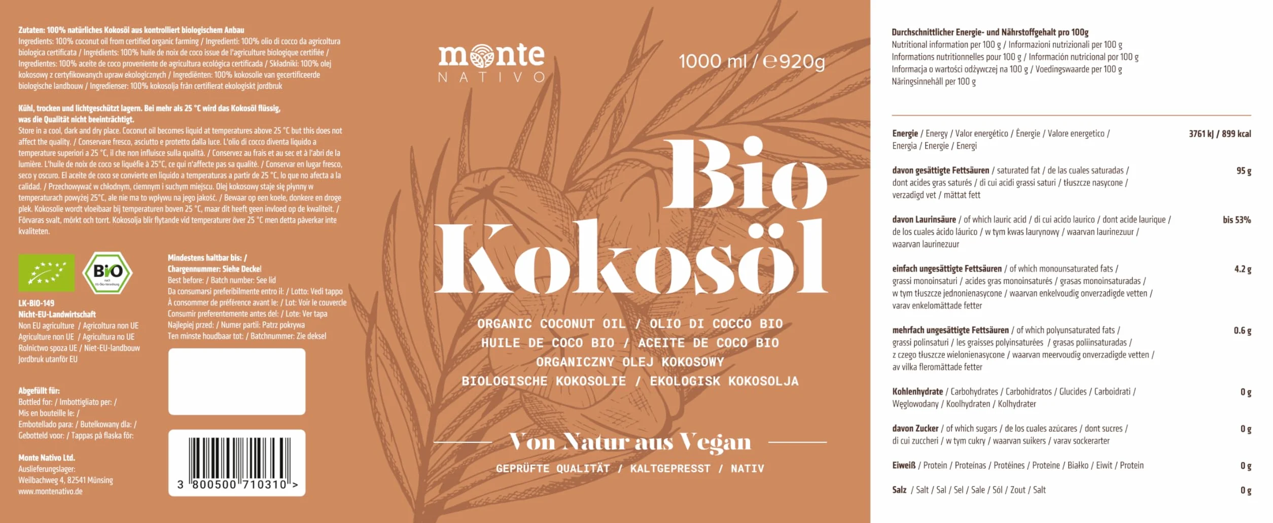 MonteNativo Bio olej kokosowy 1. tłoczenie na zimno 3 x 1000 ml