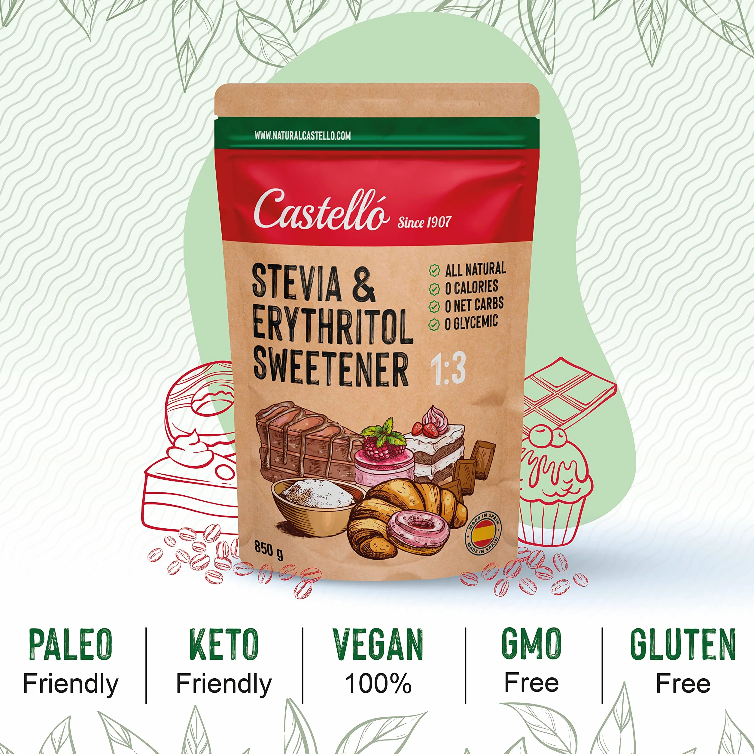 Słodzik Stevia + Erytrytol 1:3 | 1g = 3g cukru | Słodzik o 100% naturalnym smaku - 0 Kalorii - 0 Indeks Glikemiczny - Keto i Paleo - 0 Węglowodanów Netto - Bez GMO - Castello since 1907-850 g