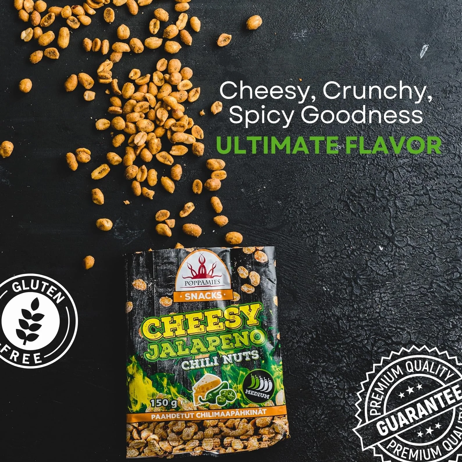Poppamies Cheesy Jalapeno Chili Orzeszki ziemne - Pikantne orzeszki to doskonały wybór na przekąskę - Bezglutenowe - Pikantność: Średnia - 150g