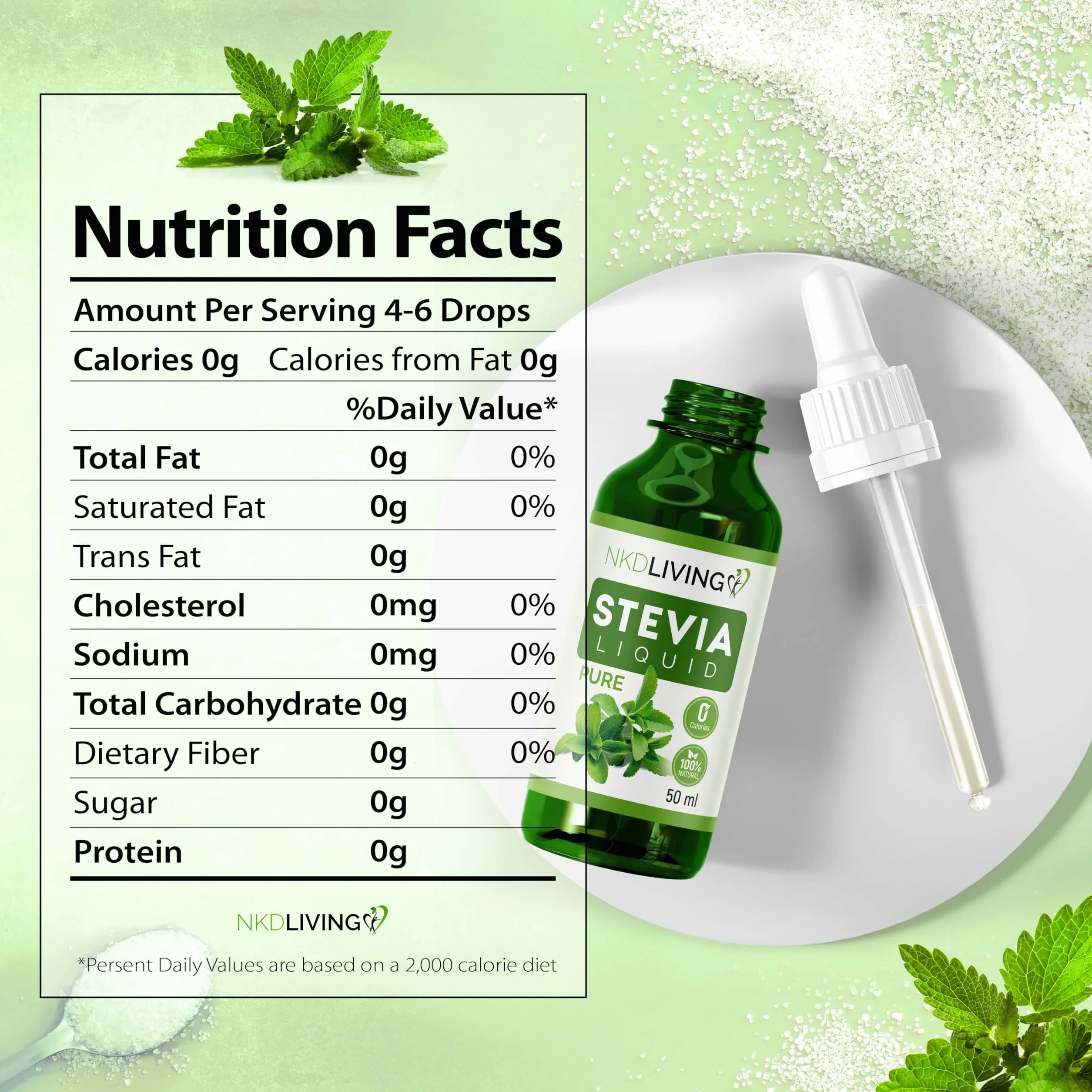 NKD Living Krople Stevia Liquida Pure 50 ml - czysta stewia, bez dodatku smaku - ze szklanym zakraplaczem