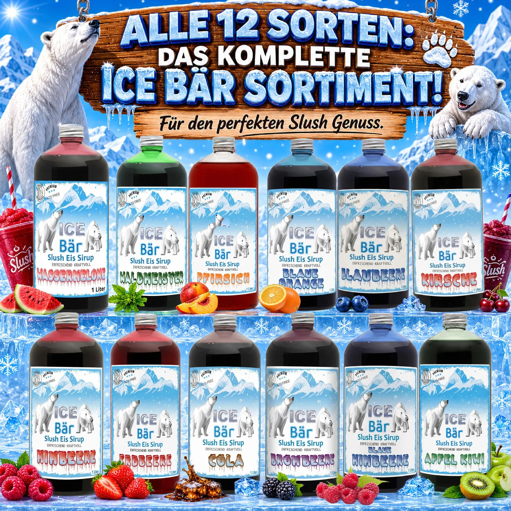 ICE Bear syrop wolny od azu, butelka 1 l, koncentrat do przyrządzania napojów slushy, maszyn do lodów, maszyn do lodów od 1:5 do 1:20 (niebieski pomarańczowy)