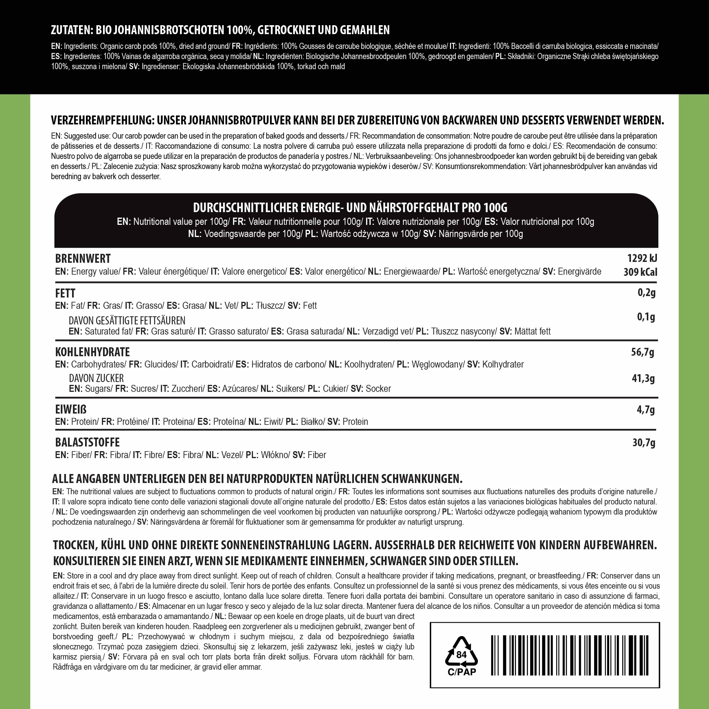Alpi Nature Bio Carobpulver (500 g) organiczna johannisbrot grunt organiczny Johannisbrotpulver Dark bezglutenowy pozbawiony laktozy test laboratoryjny mąka wegańska mąka johannisbrot