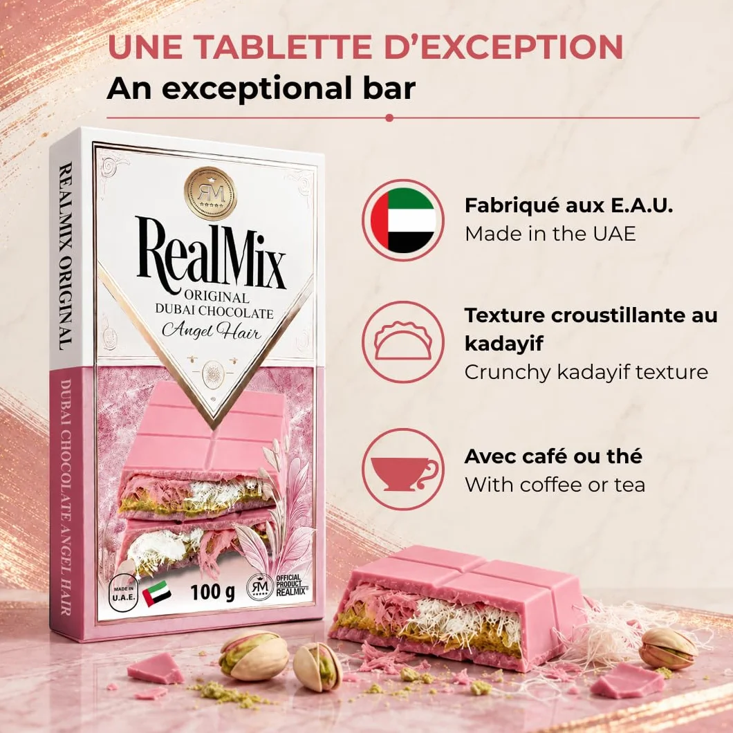 REALMIX Różowa Czekolada prosto z Dubaju ZEA | Autentyczna czekolada z Dubaju o smaku malinowym, z nadzieniem z waty cukrowej, pistacji i kadaif | Wyprodukowana w Dubaju ZEA | 100 g