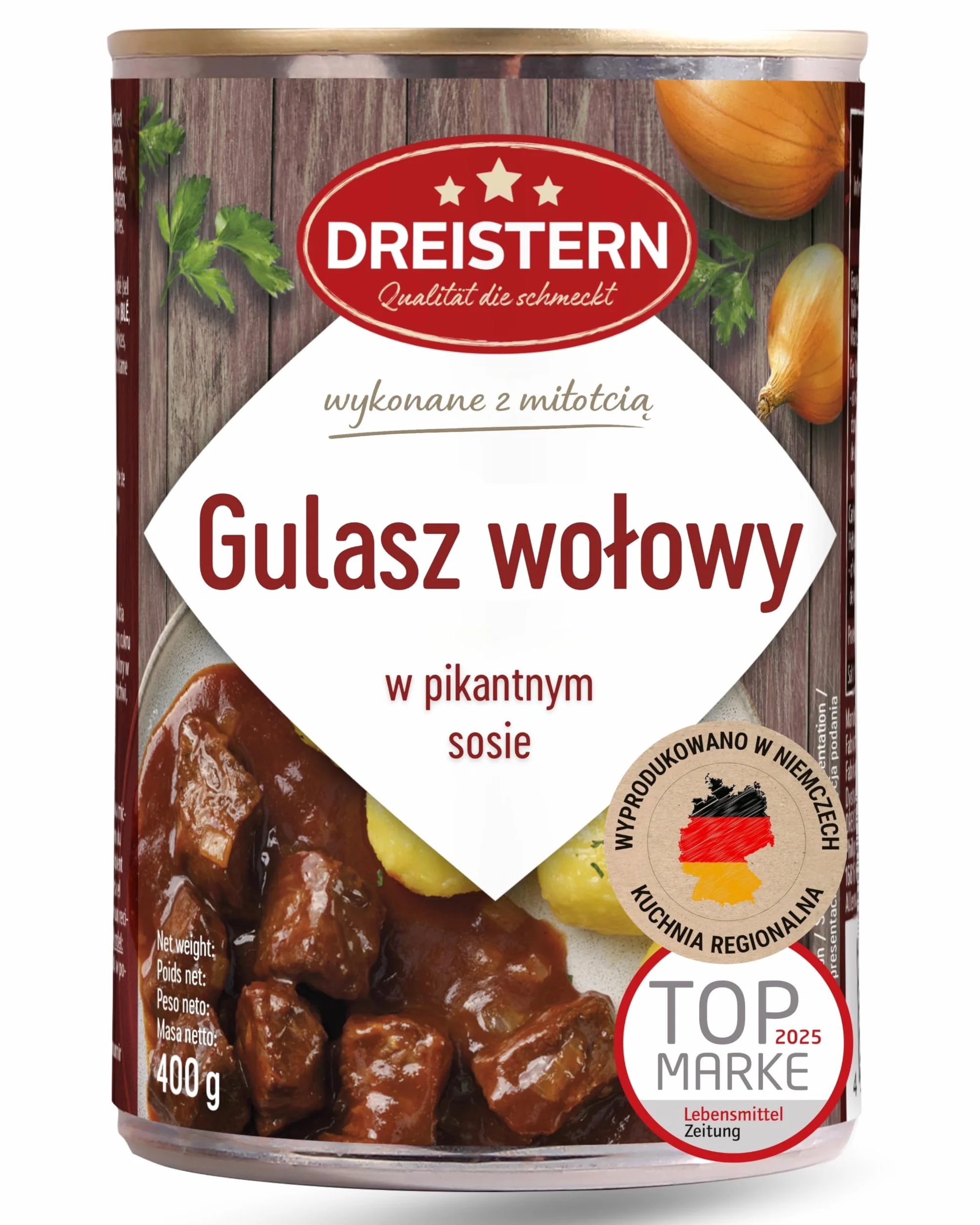 DREISTERN Gulasz wołowy z obfitym sosem | danie gotowe | pyszny gulasz w blaszanym pudełku nadającym się do recyklingu | delikatna wołowina - jakość, która dobrze smakuje