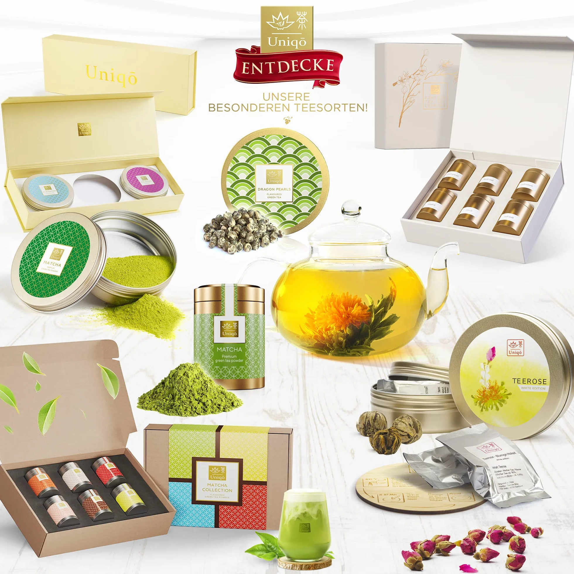 Tea Uniqo herbata jaśminowa Dragon Pearls – prezent na herbatę | Jaśminowa perła smoka naturalnie aromatyzowana zielona herbata luzem w eleganckiej puszce prezentowej | bezglutenowa – wegańska – bez