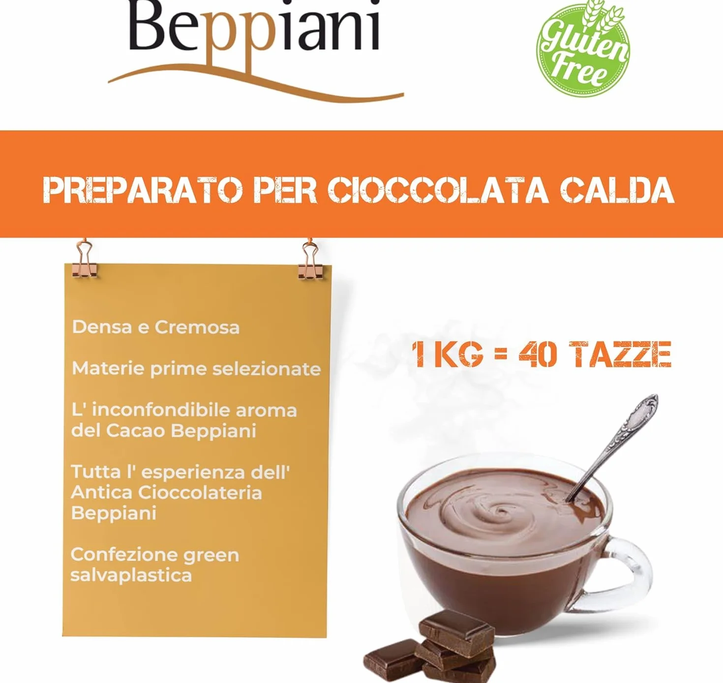 Beppiani, gorąca czekolada 1kg, przygotowana na gorącą czekoladę, odpowiednik 40 dawek gorącej czekolady saszetki, gęste i kremowe jak w barze, intensywny aromat, naturalne składniki i bezglutenowe