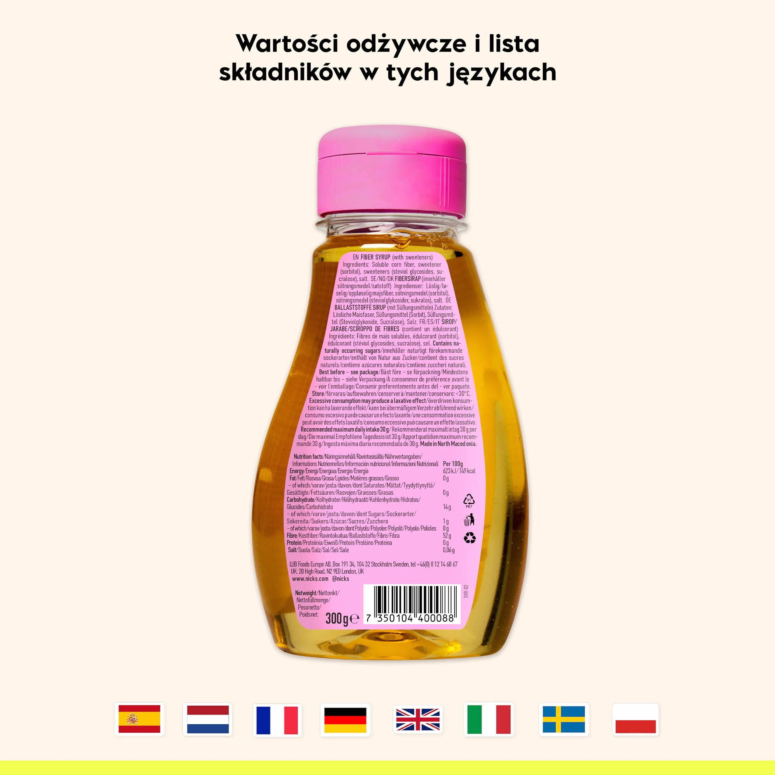 NICKS Fiber syrup, syrop z włókna, bogaty w błonnik, naturalny keto słodzący bez dodatku cukru, bez glutenu, zamiennik cukru o niskiej zawartości węglowodanów (300 g)