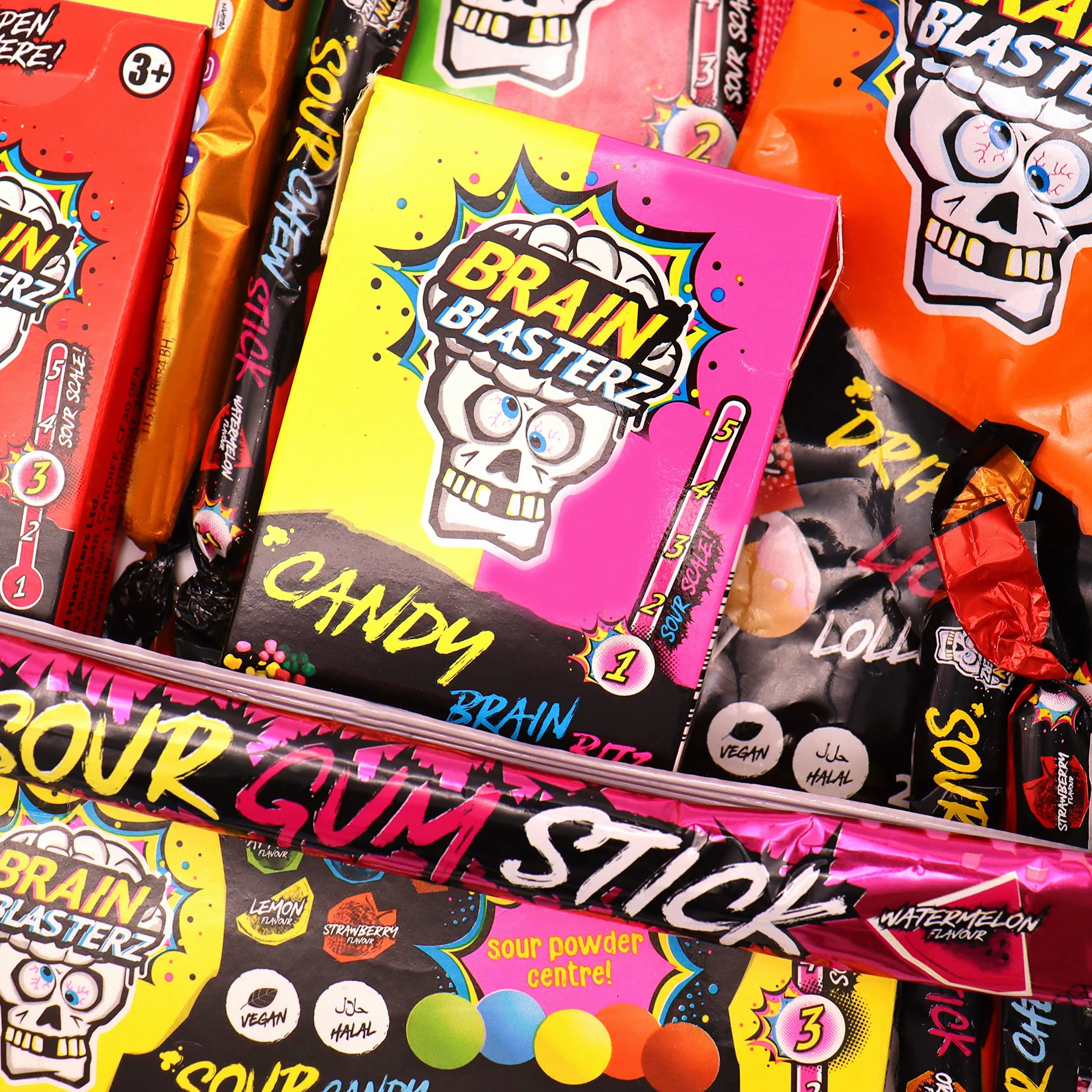 Pudełko na słodycze Brain Blasterz | Twarde Sour Candy, Brain Breakerz, Brain Bitz, Batony do Żucia i Więcej Kwaśnych Cukierków | Jabłko, Truskawka, Arbuz, Cola i Więcej | Prezent urodzinowy Prezent