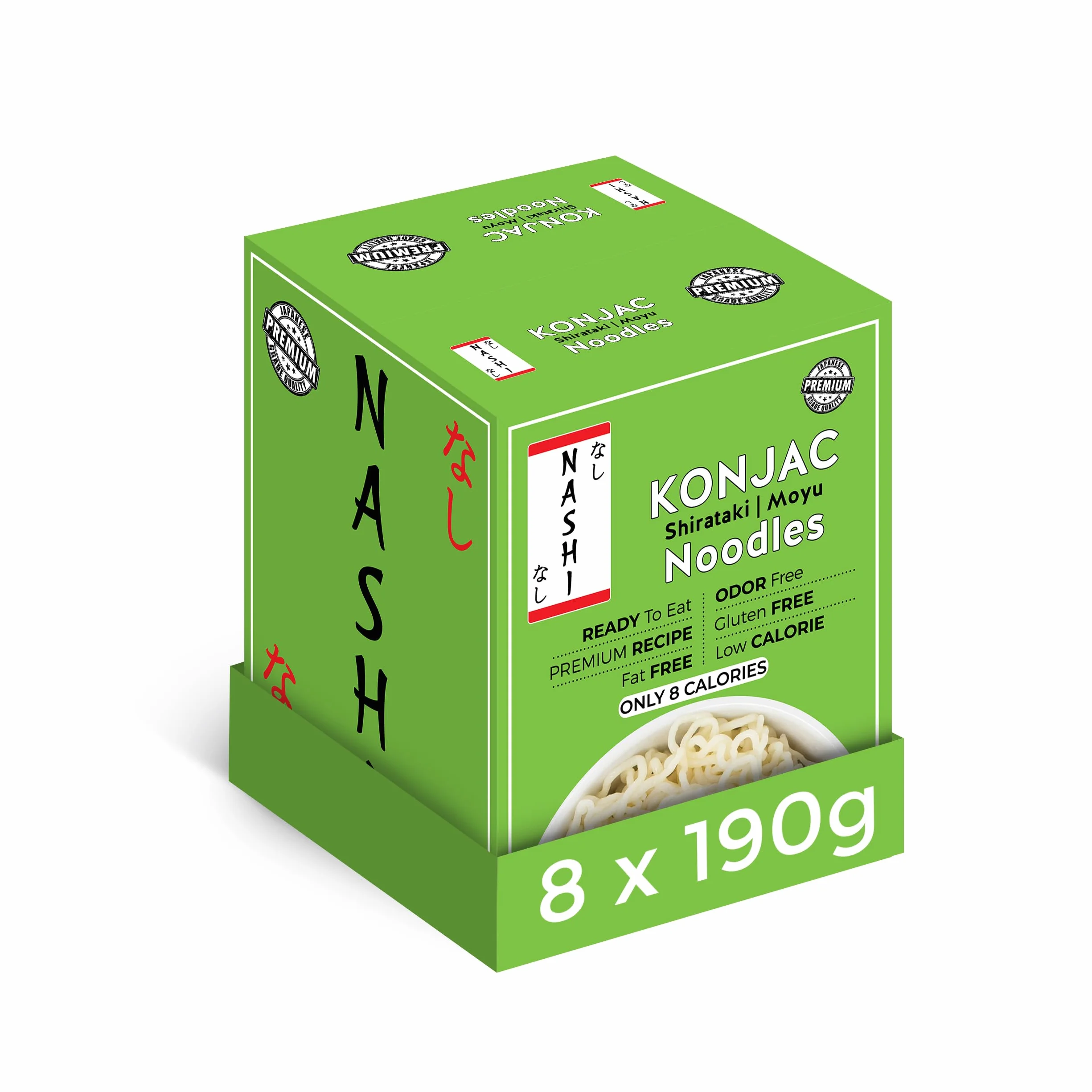 Nashi Konjac Shirataki Premium Noodles (8 × 190 g) - Bez zapachu, odpowiedni dla wegan, beztłuszczowy i niskokaloryczny, przyjazny dla glukomannanu keto, dieta niskowęglowodanowa, gotowa do spożycia