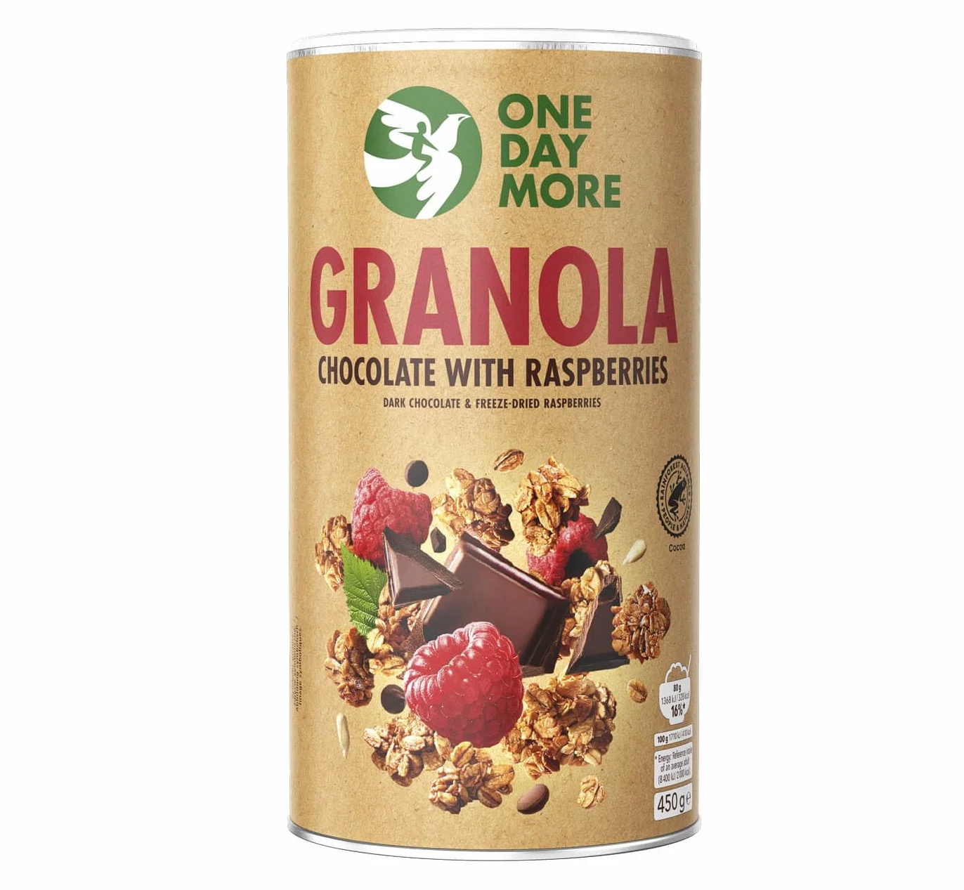 OneDayMore Granola Czekoladowa z Malinami | 450 g | Bez oleju palmowego | Źródło błonnika | Liofilizowane maliny | Bez syropu glukozowo-fruktozowego