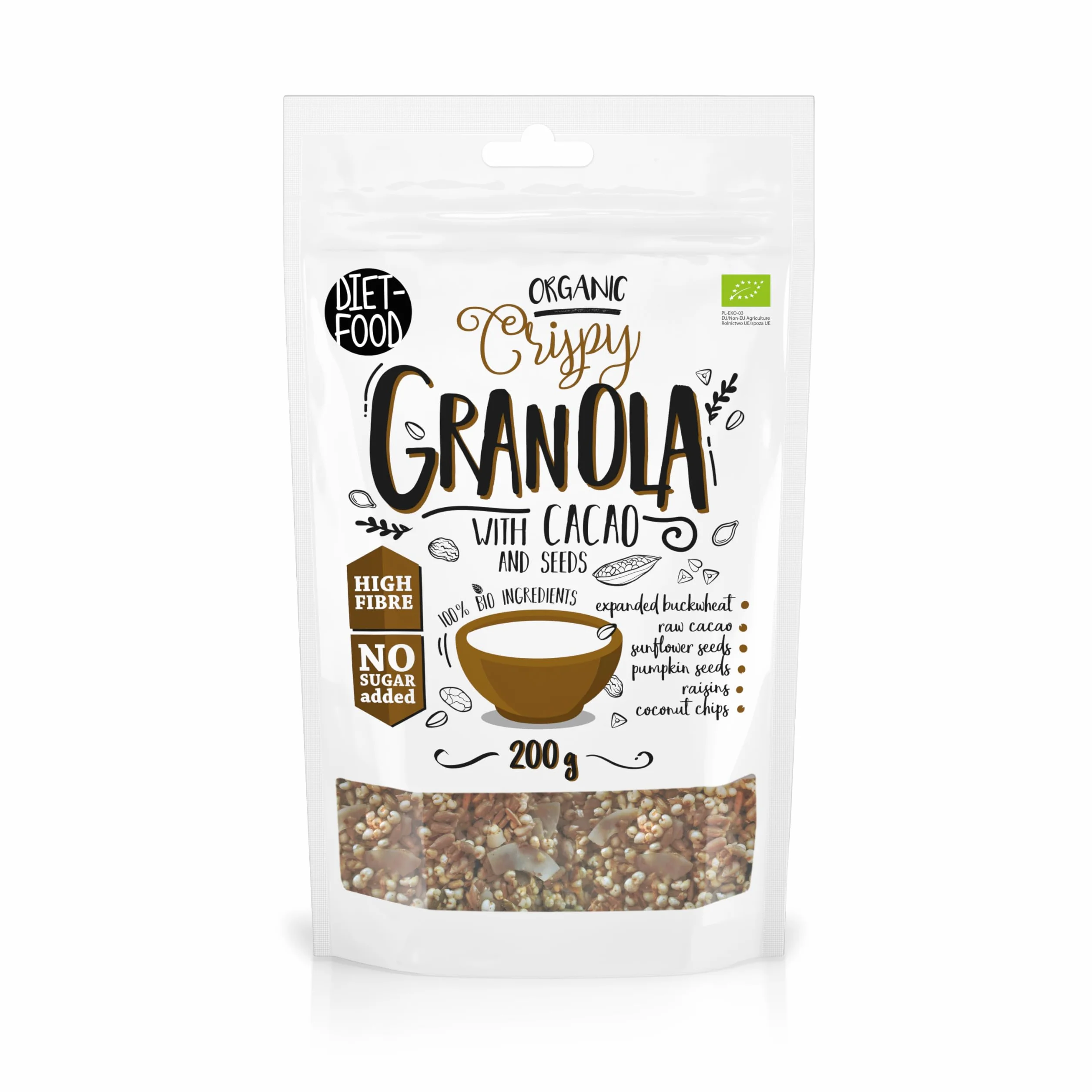 DIET-FOOD Keto Vegan Granola Bio Chrusper Granola z kakao i nasionami, bezglutenowa granola, śniadanie, musli, niskowęglowodanowa, przekąska bez dodatku cukru, 200 g, 1 opakowanie