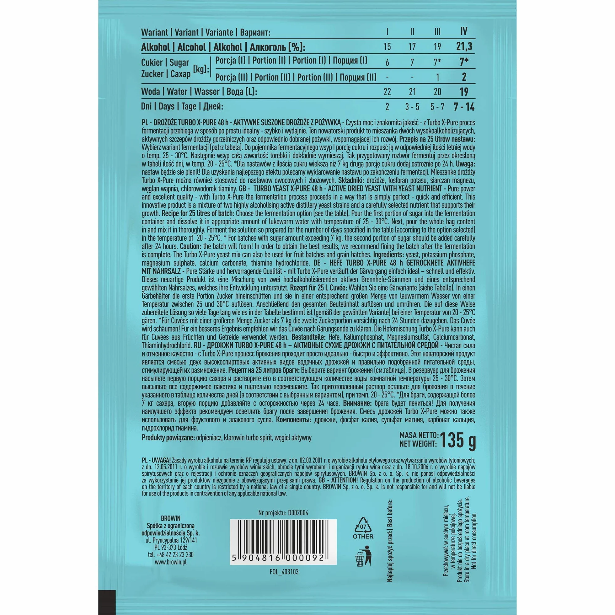 Browin 403103 Drożdże Turbo X-Pure 21,3%, 48h - do nastawów wysokoprocentowych, cukrowych, owocowych i zbożowych, na 25 L nastawu, 135 g!