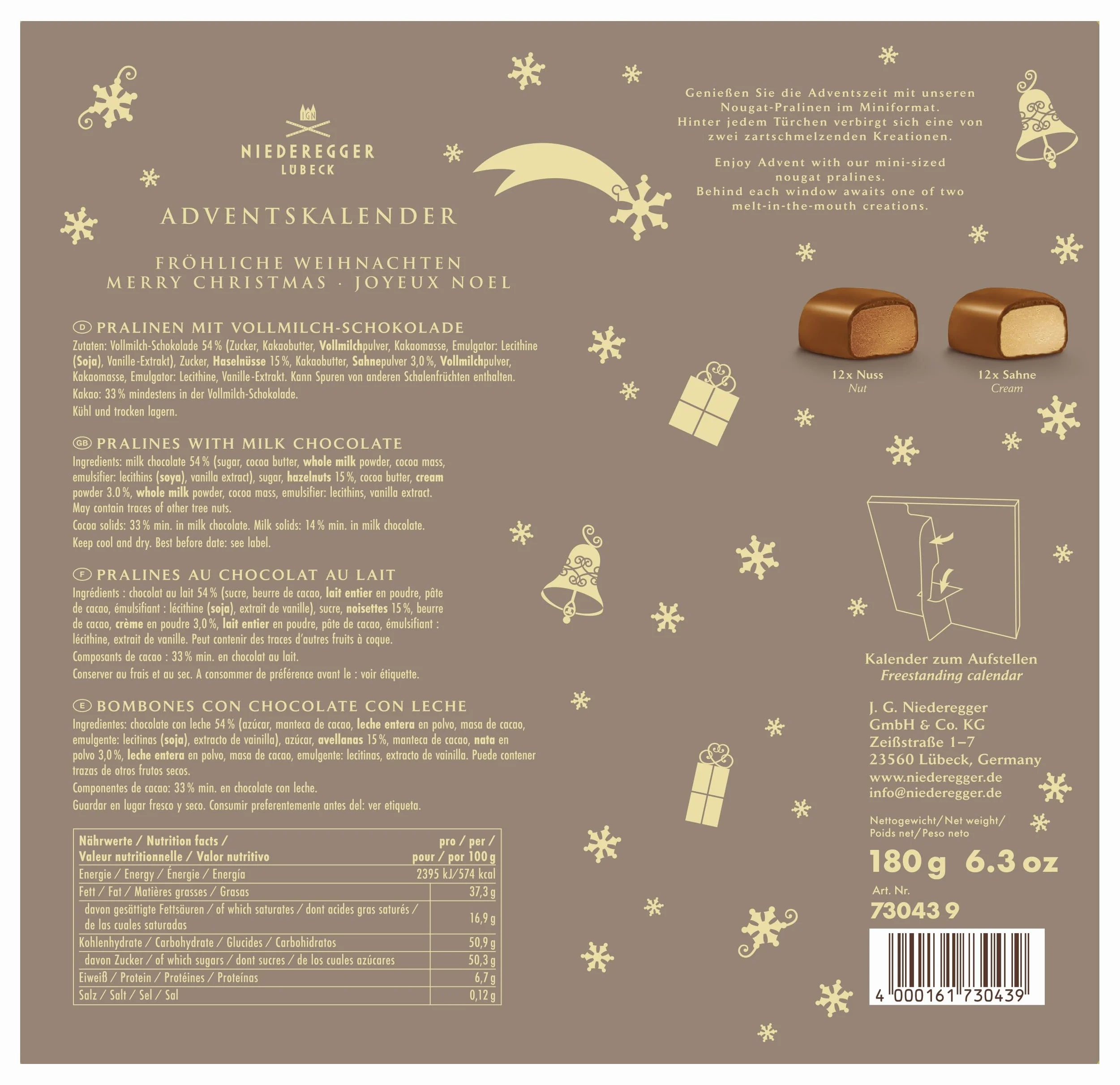 Niederegger Kalendarz adwentowy Mini Nougat 180 g