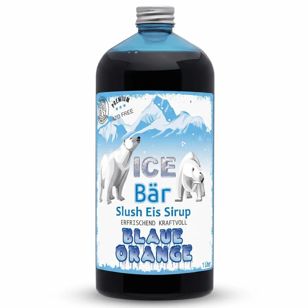 ICE Bear syrop wolny od azu, butelka 1 l, koncentrat do przyrządzania napojów slushy, maszyn do lodów, maszyn do lodów od 1:5 do 1:20 (niebieski pomarańczowy)