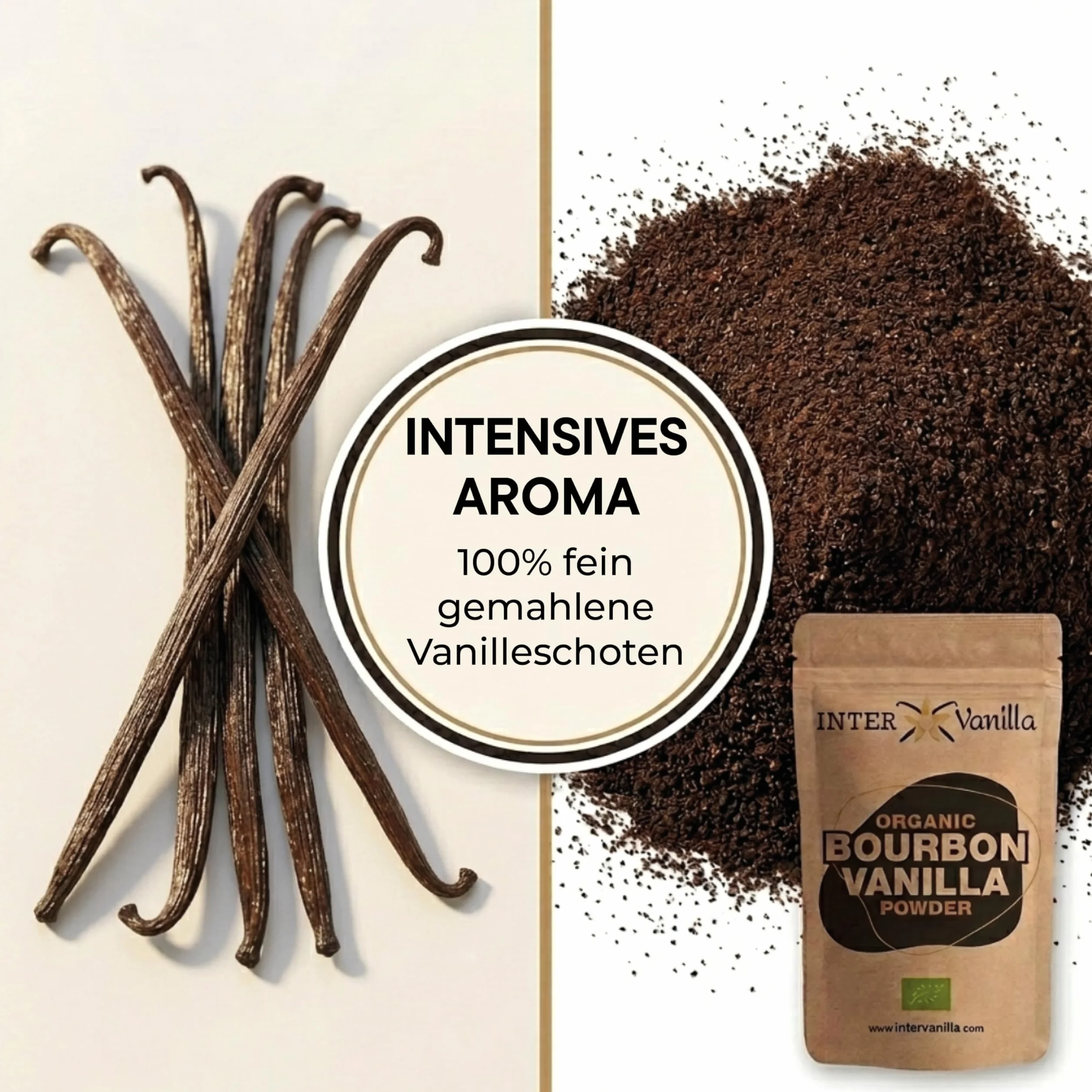 InterVanilla BIO Bourbon proszek waniliowy, 25g zmielonego proszku wanilii Bourbon. Proszek waniliowy z Madagaskaru. Zmielona wanilia bez dodatków
