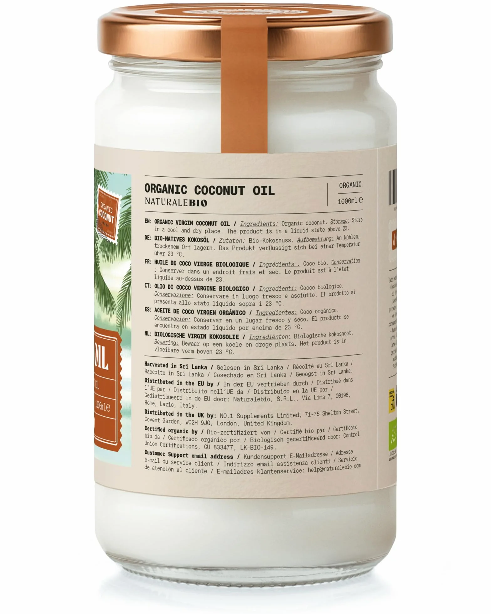 Olej kokosowy ekologiczny Extra Virgin 1000 ml. Surowy i tłoczony na zimno. 100% organiczny, naturalny i czysty. Bio natywny i nierafinowany. Kraj pochodzenia Sri Lanka. NaturaleBio