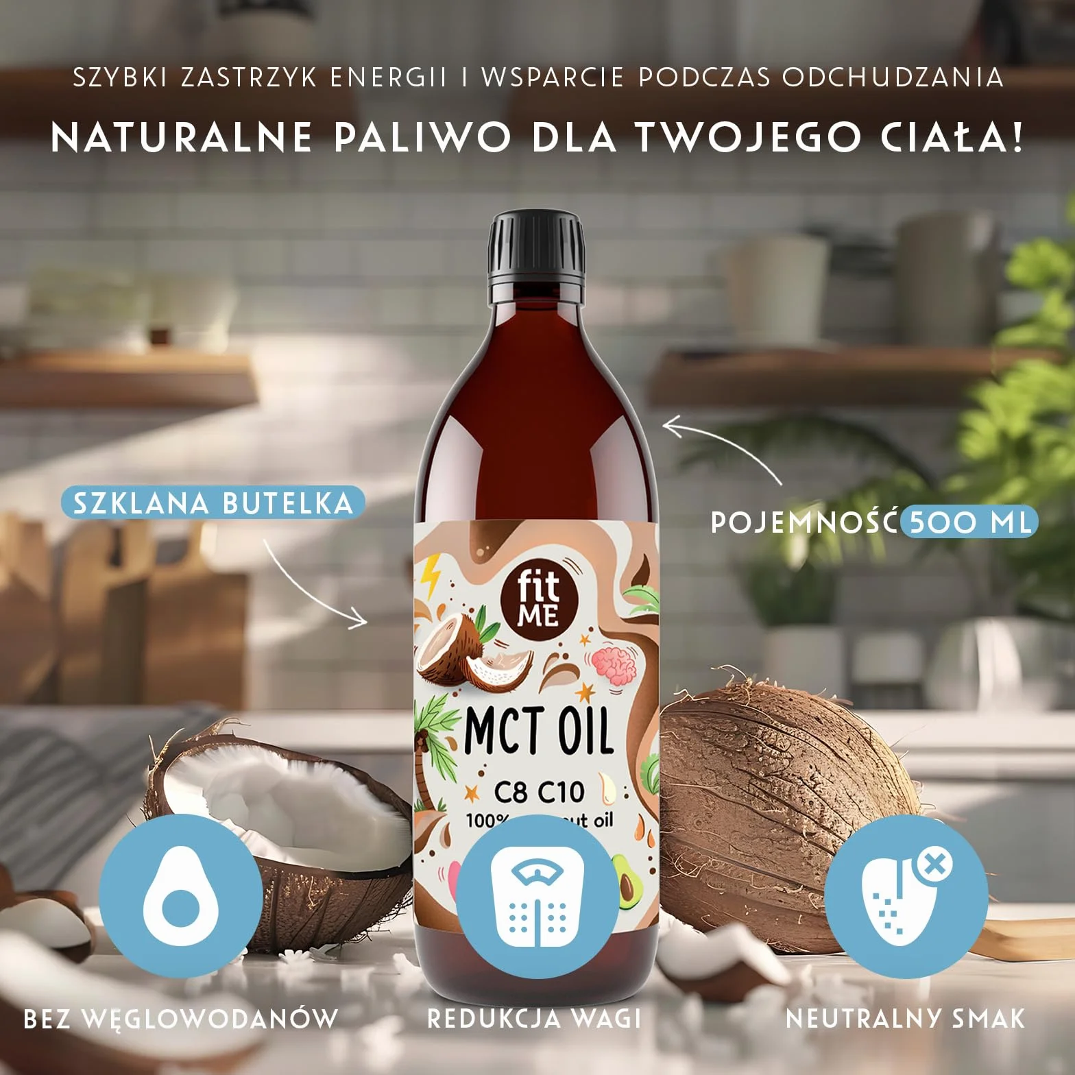 Olej MCT na Bazie Oleju Kokosowego 500 ml - Olej MCT z 60% Kwasu Kaprylowego (C8) i 40% Kwasu Kaprynowego (C10) - Bezsmakowy