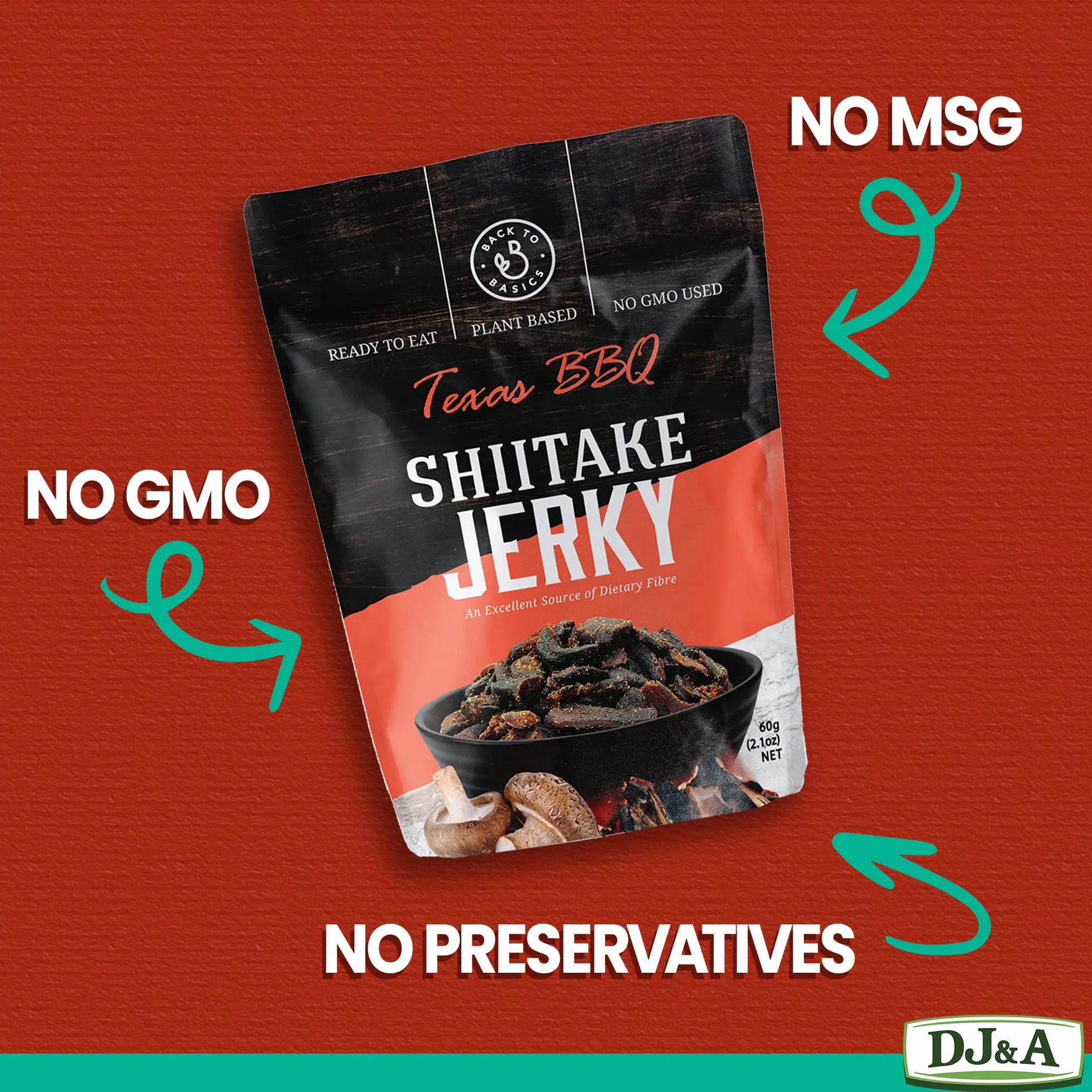 DJ & A Vegan Grzyb Jerky Texas BBQ 60 g, opakowanie 4 szt