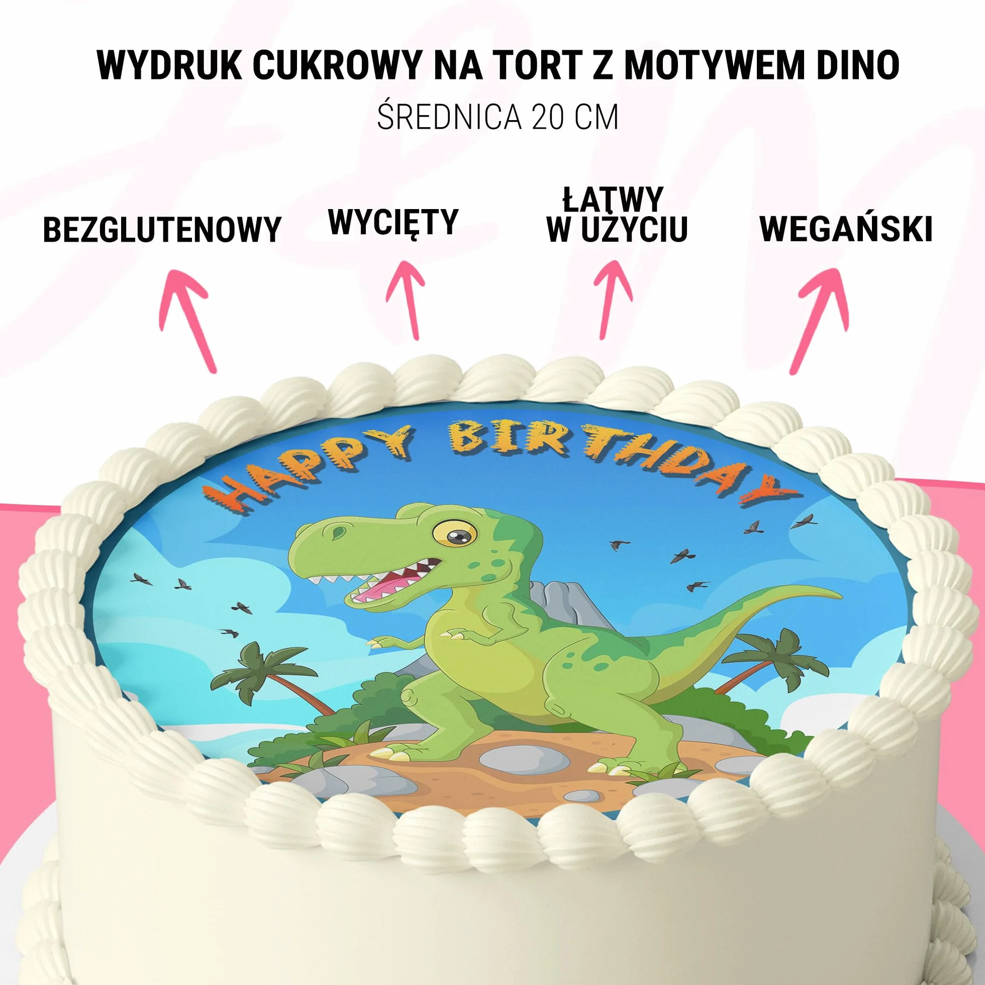 J&M DECO Nakładka na tort Dino – jadalne dinozaury dekoracja tortu Ø 20 cm – kolorowy obraz na tort na urodziny dziecka – gotowa do użycia na papierze cukrowym – Made in EU