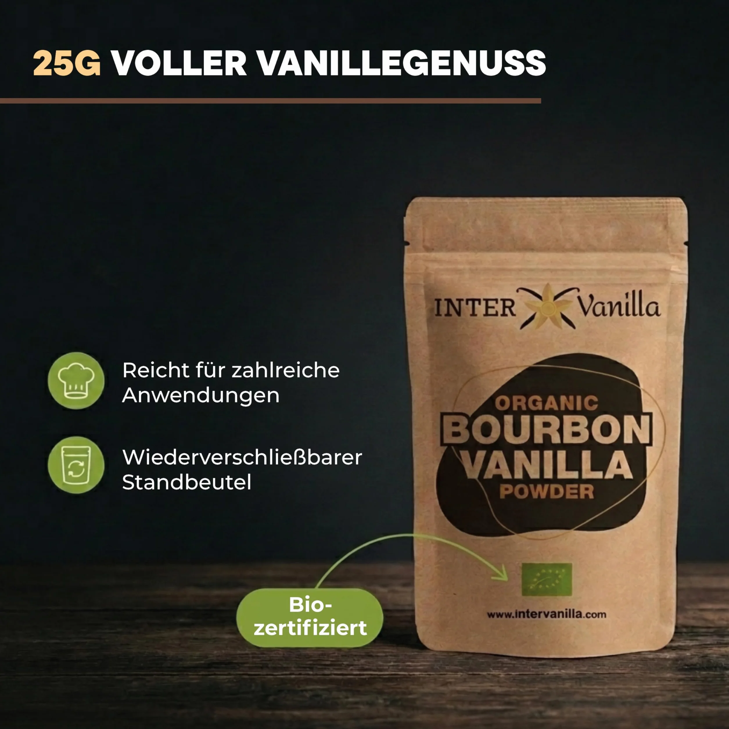 InterVanilla BIO Bourbon proszek waniliowy, 25g zmielonego proszku wanilii Bourbon. Proszek waniliowy z Madagaskaru. Zmielona wanilia bez dodatków