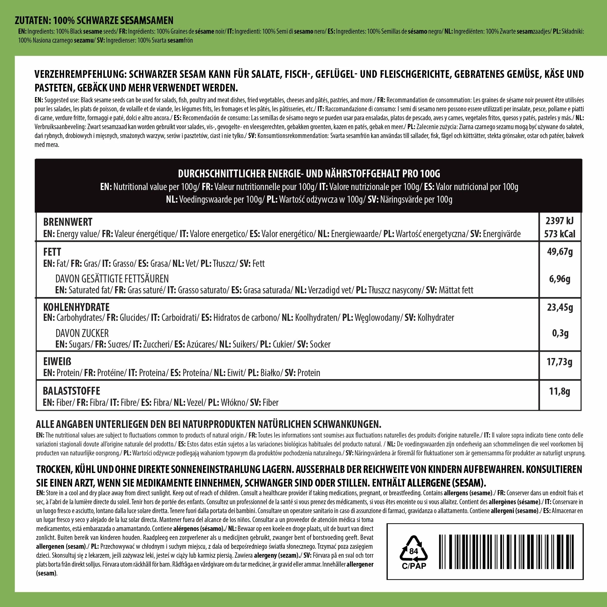 Alpi Nature Sesame Schwarz (500 g) czarny sezam 100% naturalny czarny sezam bez dodatków
