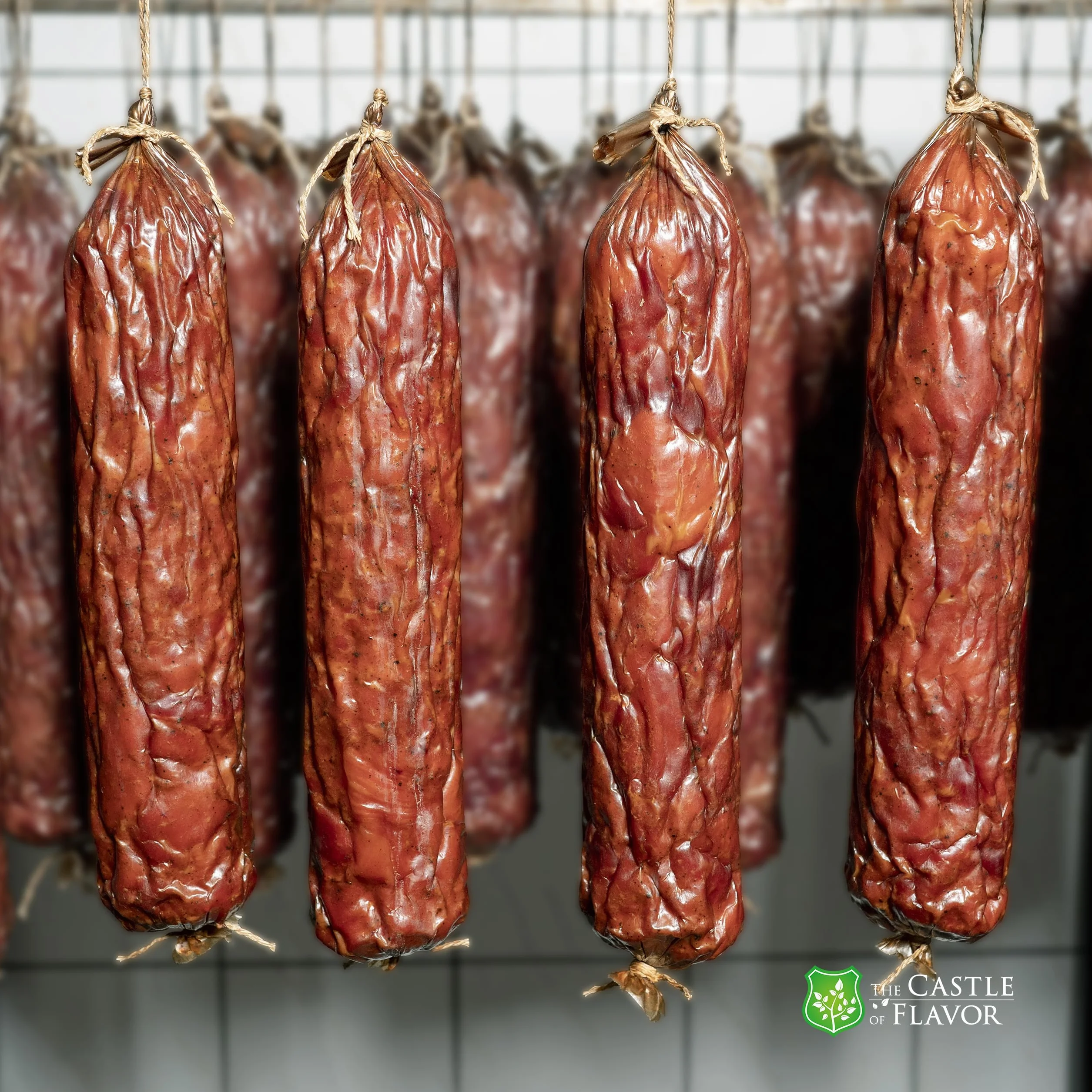 Kiełbasa Królewska Sucha - Domowa Suszona kiełbasa wieprzowa marynowana z ziołami i tradycyjnie wędzona – domowa, ręcznie wykonana kiełbasa z dużych kawałków szynki (300g)