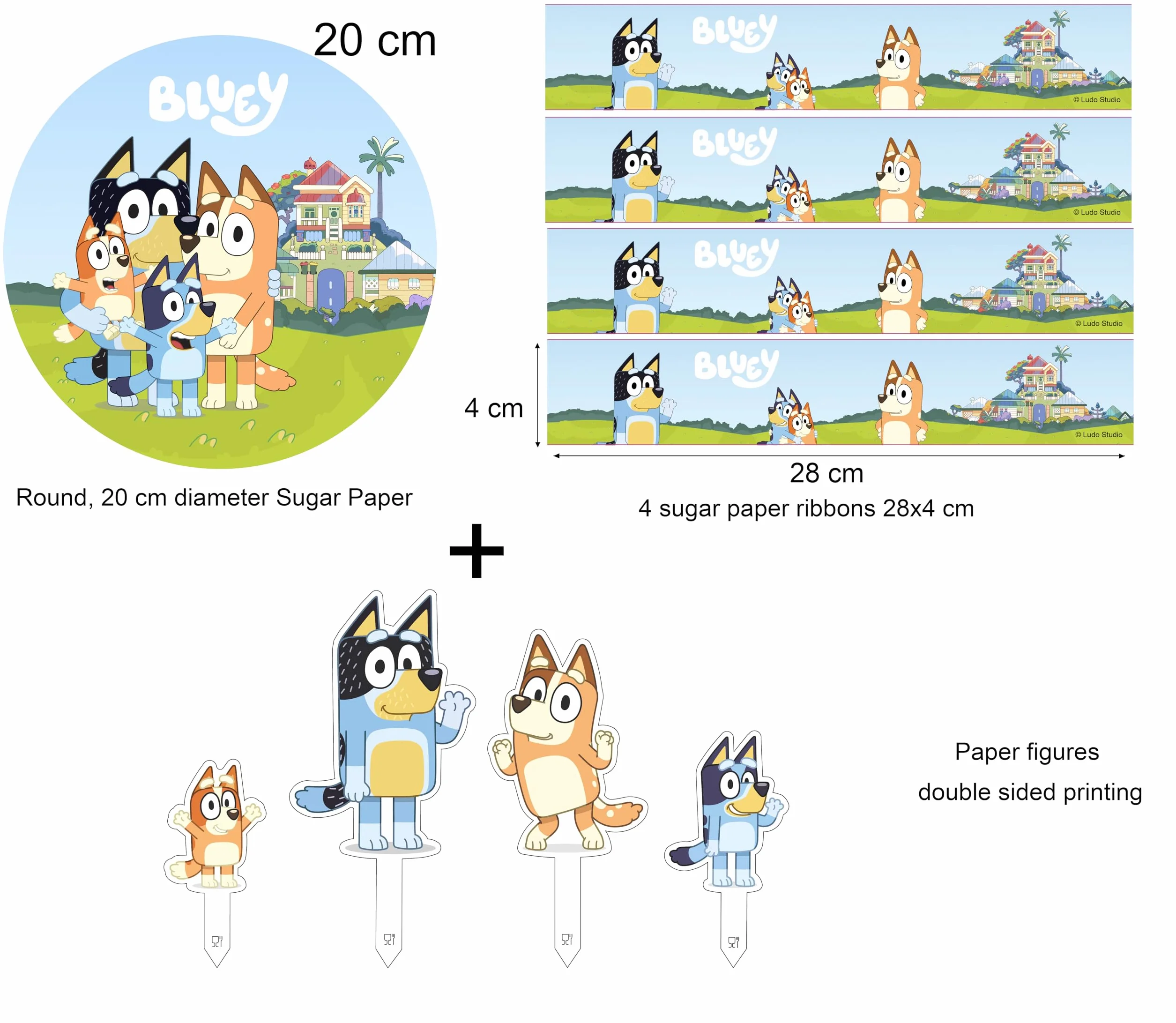 Bluey papierowy top na tort i figurki, jadalny talerz na tort, dekoracja tortu urodzinowego Bluey, 20 cm + 4 wstążki 28 x 4 cm + 4 figurki