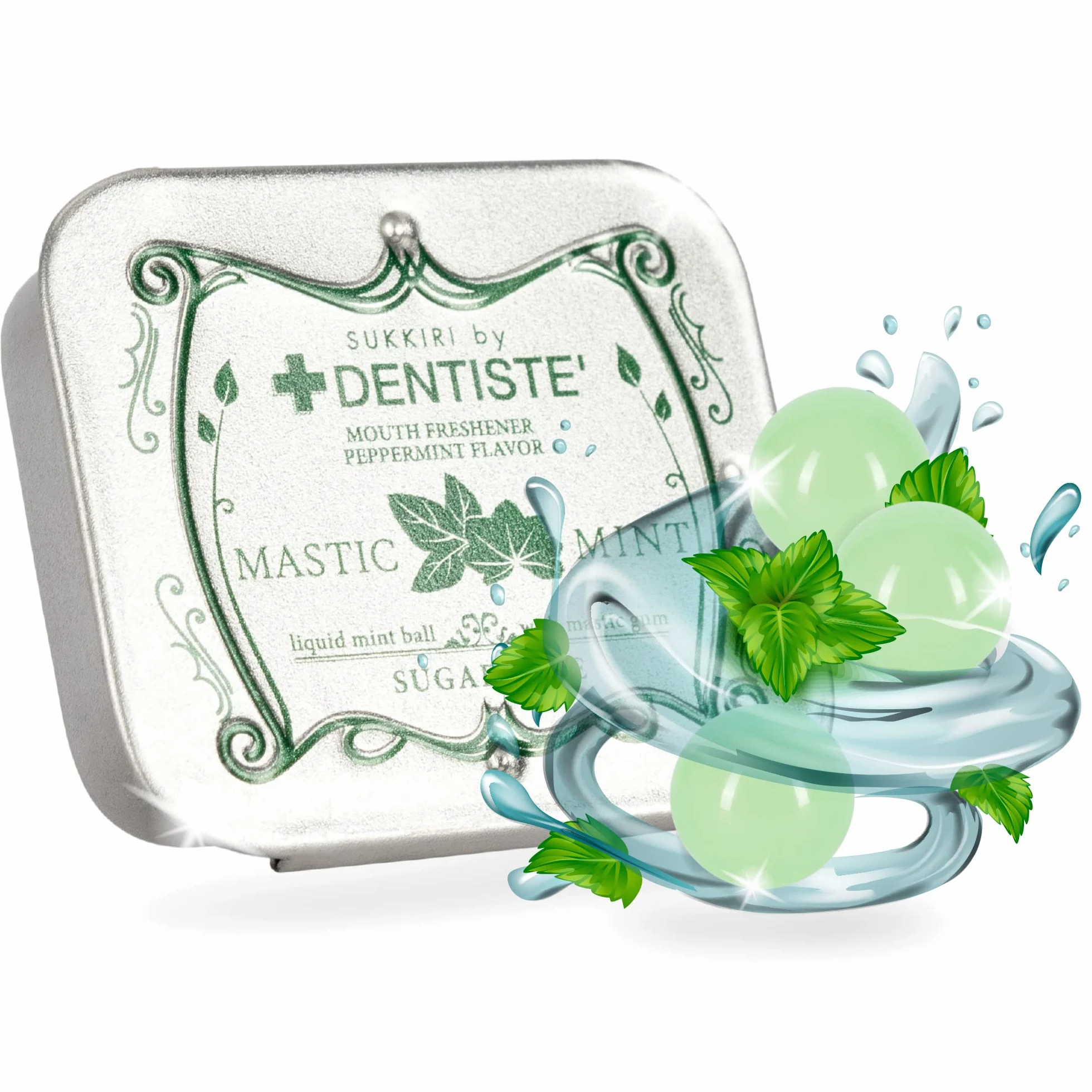 Dentysta LoveMints w metalowej puszce retro. Świeży oddech w 3 sekundy. Cukierki miętowe na nieświeży oddech i próchnicę. Świeża mięta i olejek mastyksowy jako odświeżacz oddechu. miętówki