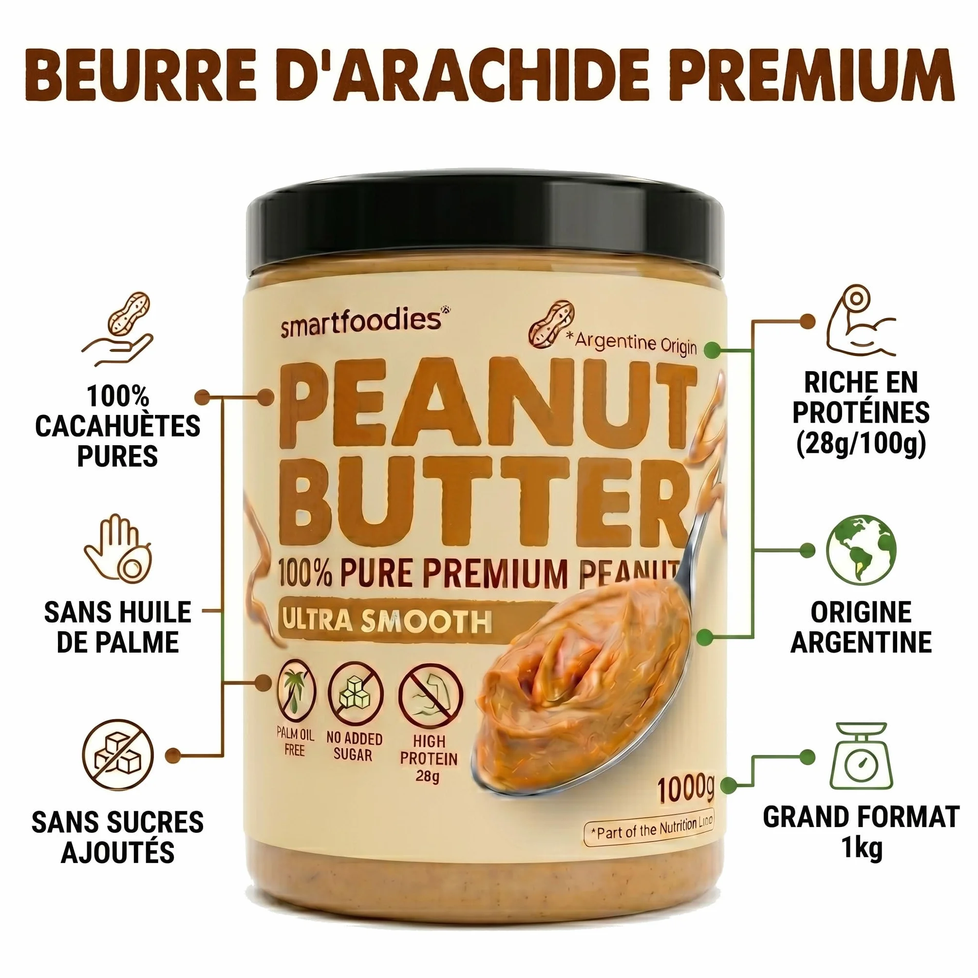 SMARTFOODIES Masło Orzechowe 100% 1kg Pasta Arachidowa Kremowa Bez Cukru Bez Soli Oleju Palmowego 28g Białka Wegańskie