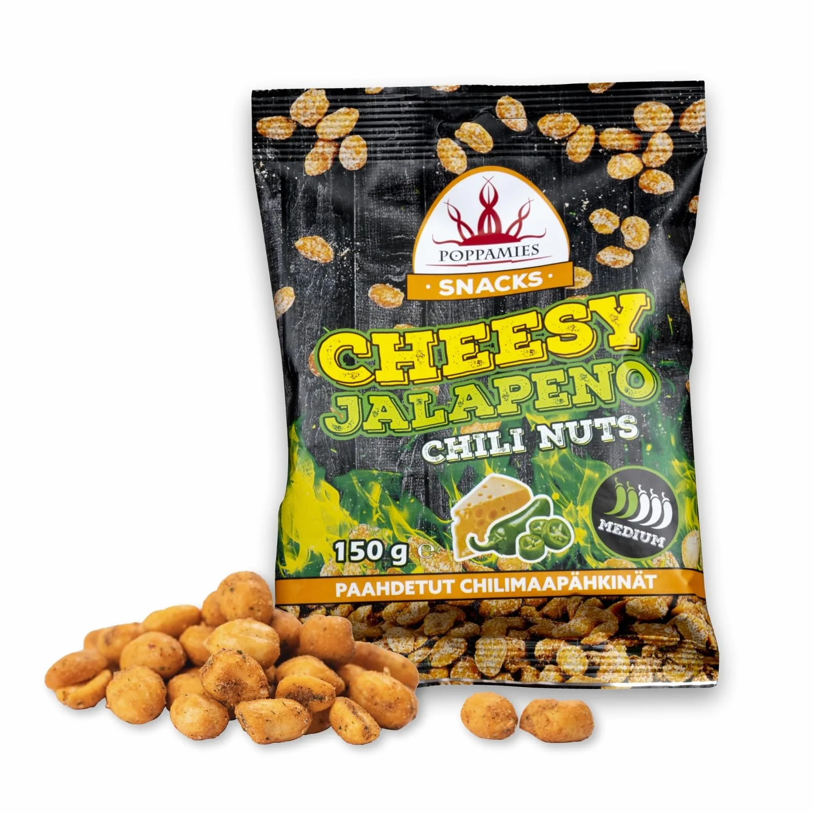Poppamies Cheesy Jalapeno Chili Orzeszki ziemne - Pikantne orzeszki to doskonały wybór na przekąskę - Bezglutenowe - Pikantność: Średnia - 150g