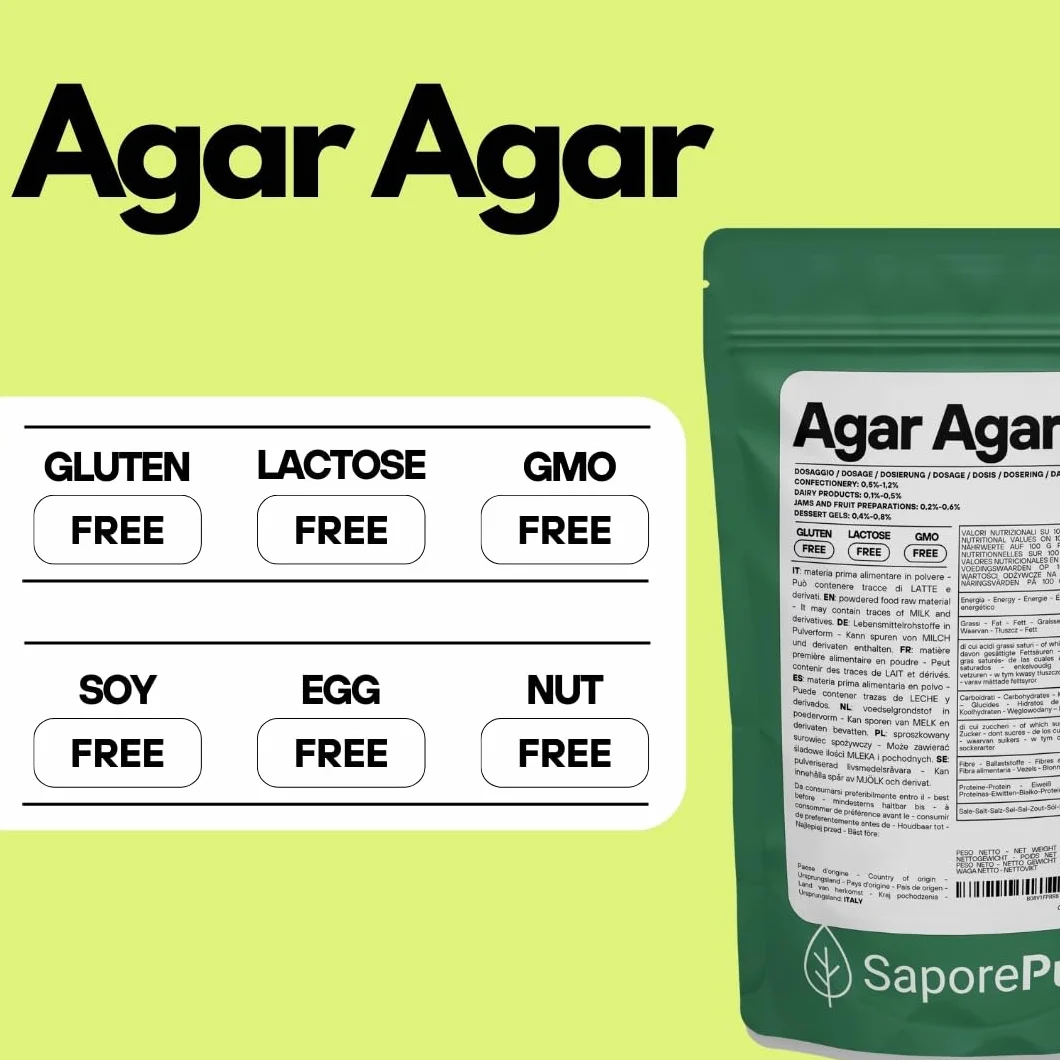 SaporePuro AGAR AGAR w proszku 100 g – Naturalny środek żelujący BEZ GLUTENU – Idealny do kuchni molekularnej, jako zagęszczacz do deserów, dżemów, budyniów i lodów