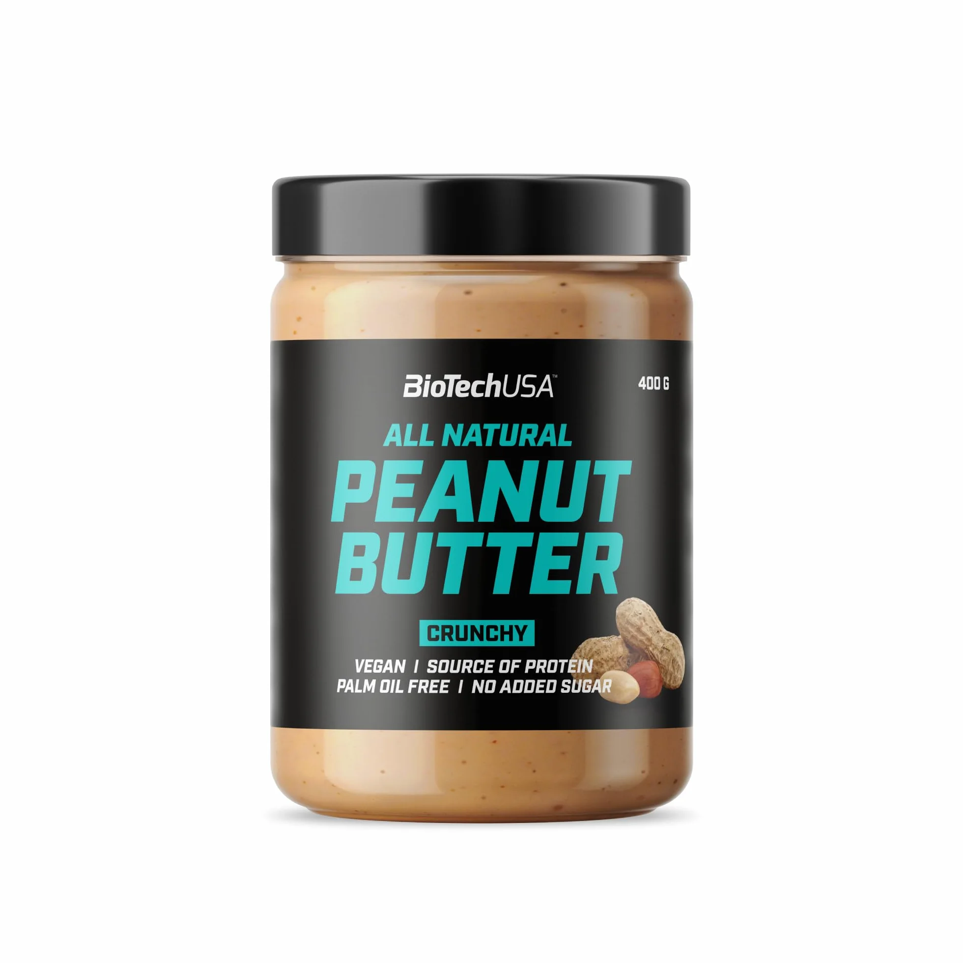 BioTechUSA Peanut Butter | Całkowicie naturalne wegańskie źródło białka | Bezglutenowe, o wysokiej zawartości błonnika, bez oleju palmowego, 400 g, Crunchy