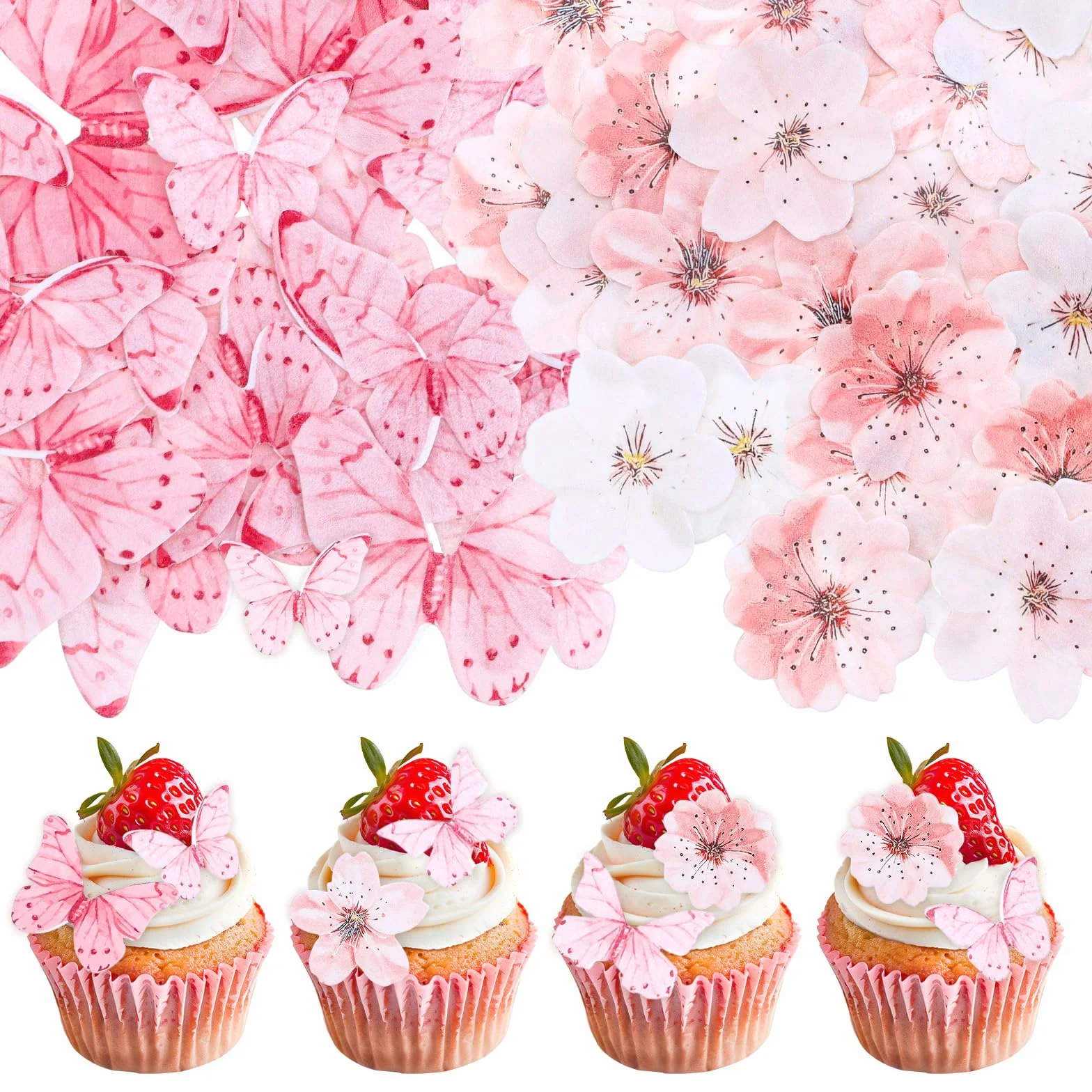 90 szt. jadalne kwiaty motyl dekoracja tortu, różowy papier waflowy motyl babeczki toppery jadalny kwiat wiśni ciasto topper ciasta kostki na baby shower dzieci urodziny dekoracje ślubne