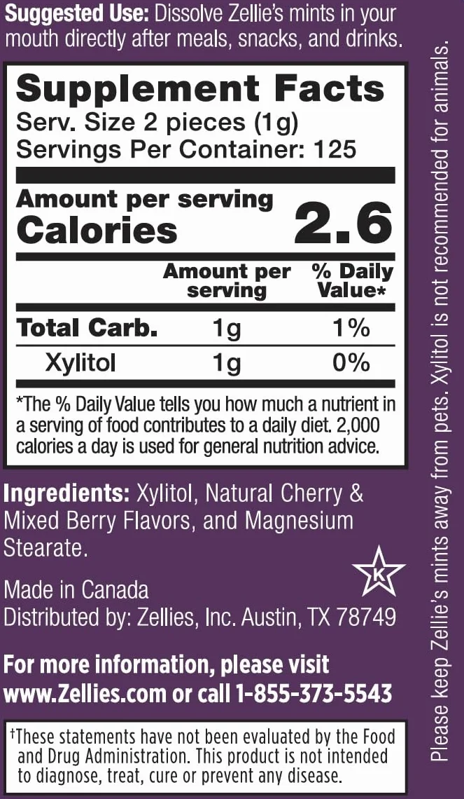 Zellie's Xylitol Sugar Free Cherry Berry Breath Mints, Non-GMO Low-Calorie Gluten Free Vegan Kosher, 250 Count