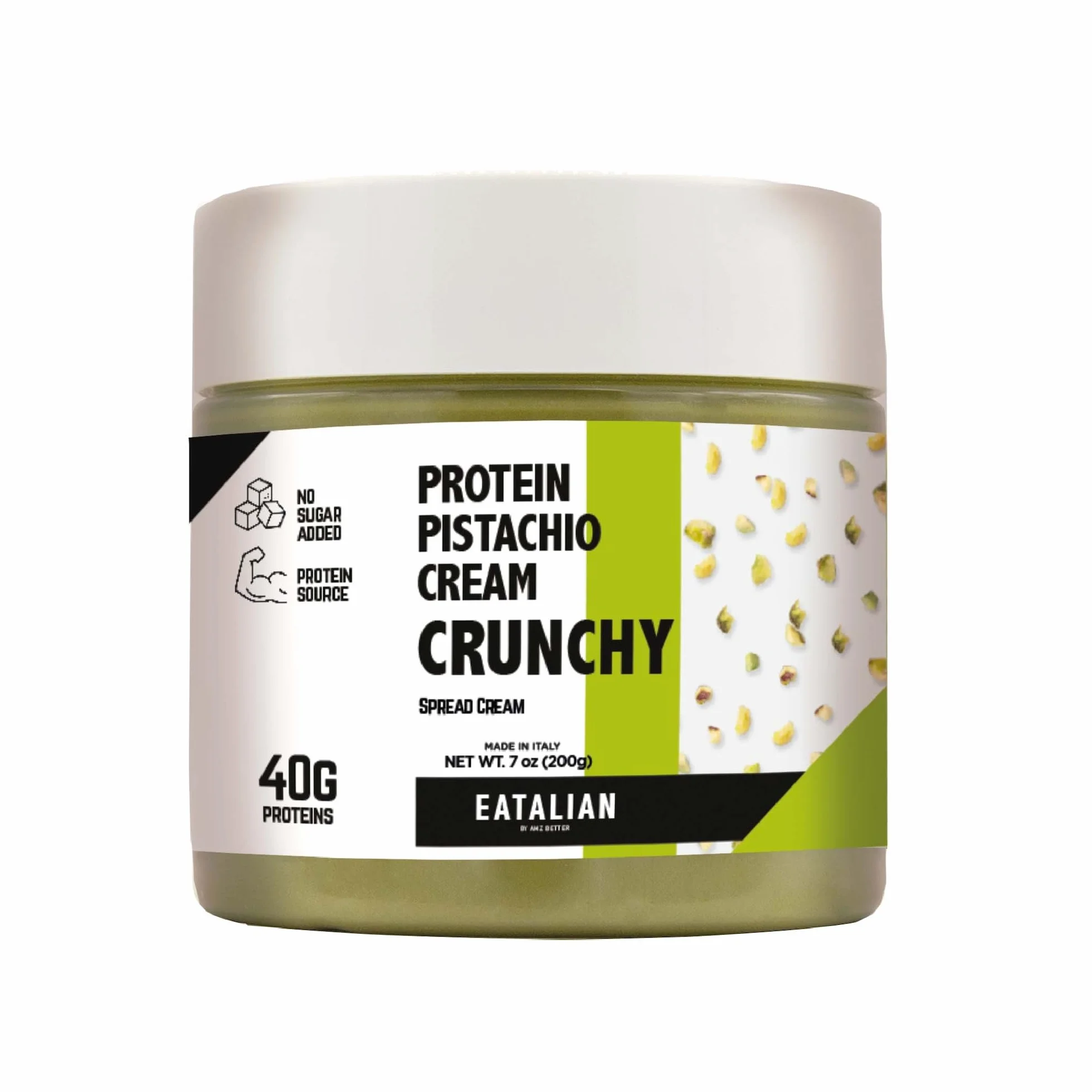 EATALIAN by AMZ BETTER Krem proteinowy pistacjowy CRUNCHY 200 g, krem do smarowania z granulkami pistacji, słodki smak, idealny do pieczywa, do nadziewania deserów, czekolada z Dubaju