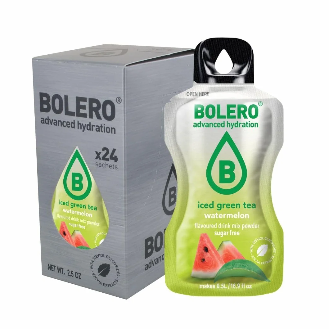 Bolero ICED GREEN TEA 24x3g | Saftpulver ohne Zucker, gesüßt mit Stevia + Vitamin C | geeignet für Kinder, Sportler und Diabetiker | glutenfrei und veganfreundlich (24x3g, WATERMELON)