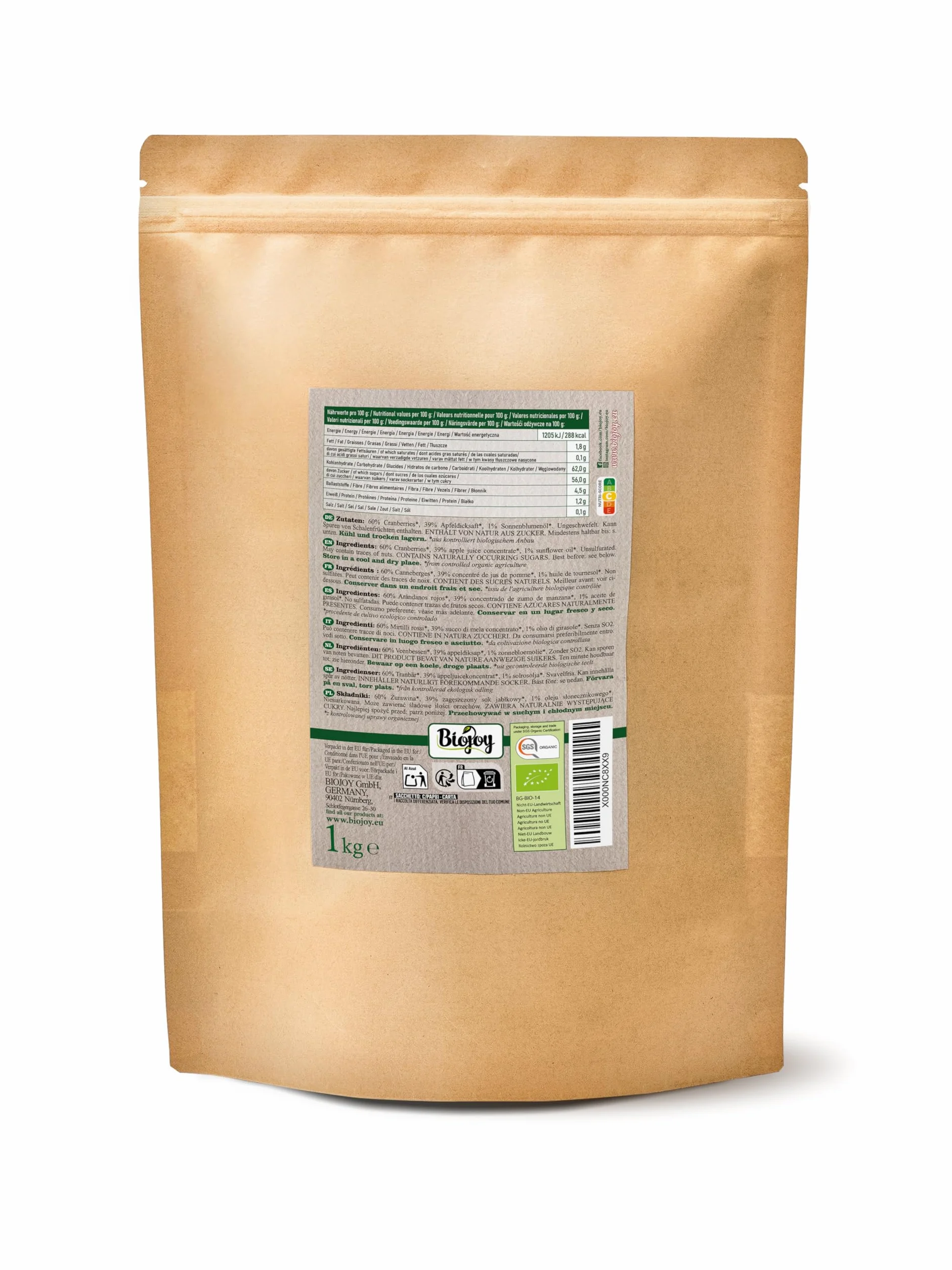 Biojoy Organiczna Żurawina suszona 1 kg słodzona sokiem jabłkowym